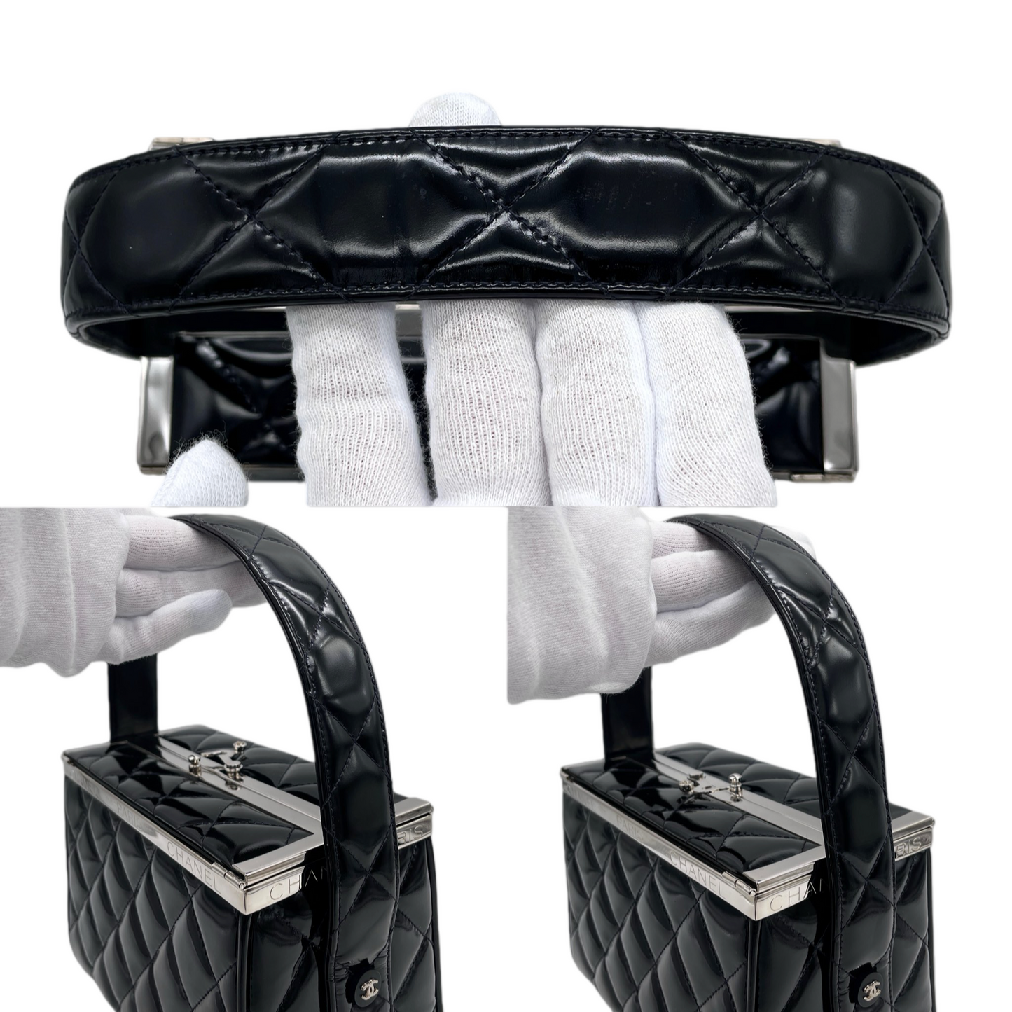 RARE☆☆☆CHANEL 1997 Matelassé Enamel Double Doors Vanity Hand Bag Black & Silver