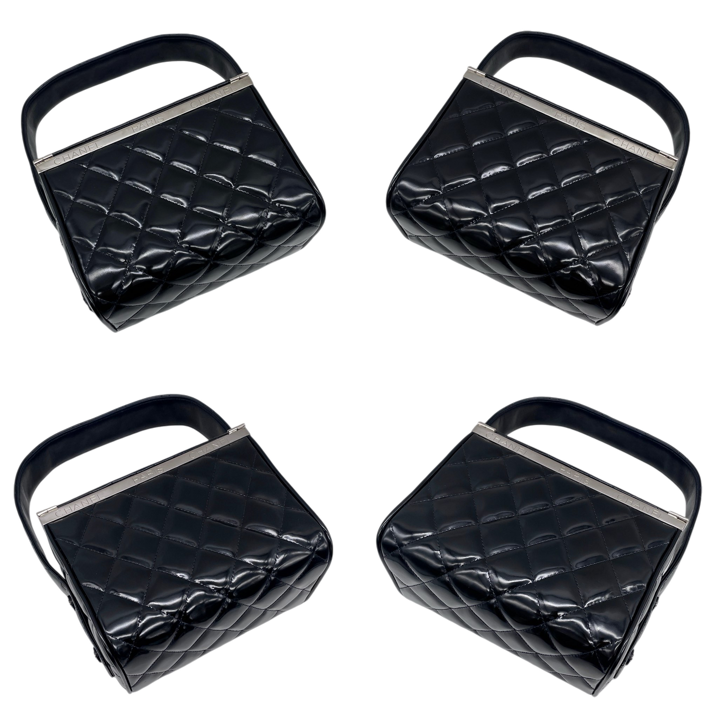 RARE☆☆☆CHANEL 1997 Matelassé Enamel Double Doors Vanity Hand Bag Black & Silver