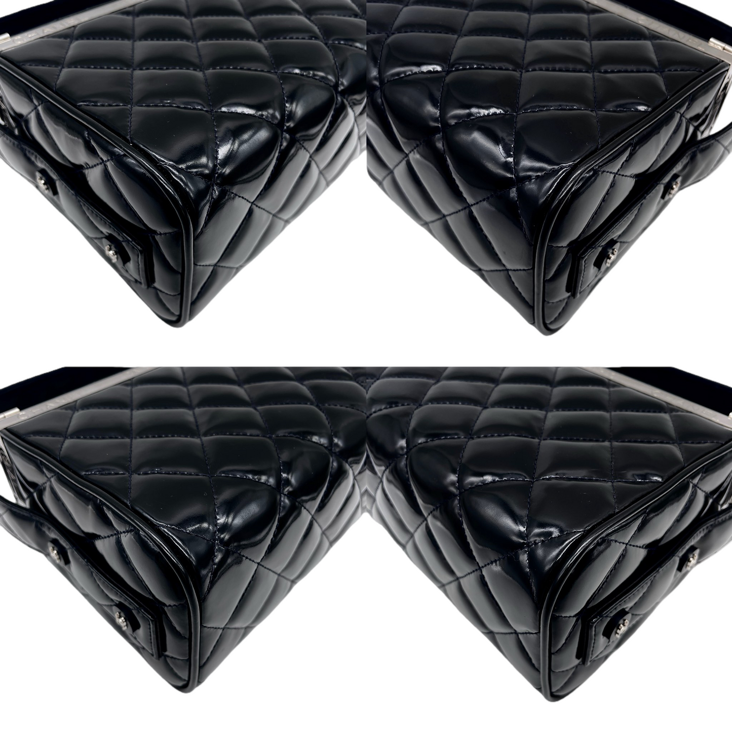RARE☆☆☆CHANEL 1997 Matelassé Enamel Double Doors Vanity Hand Bag Black & Silver