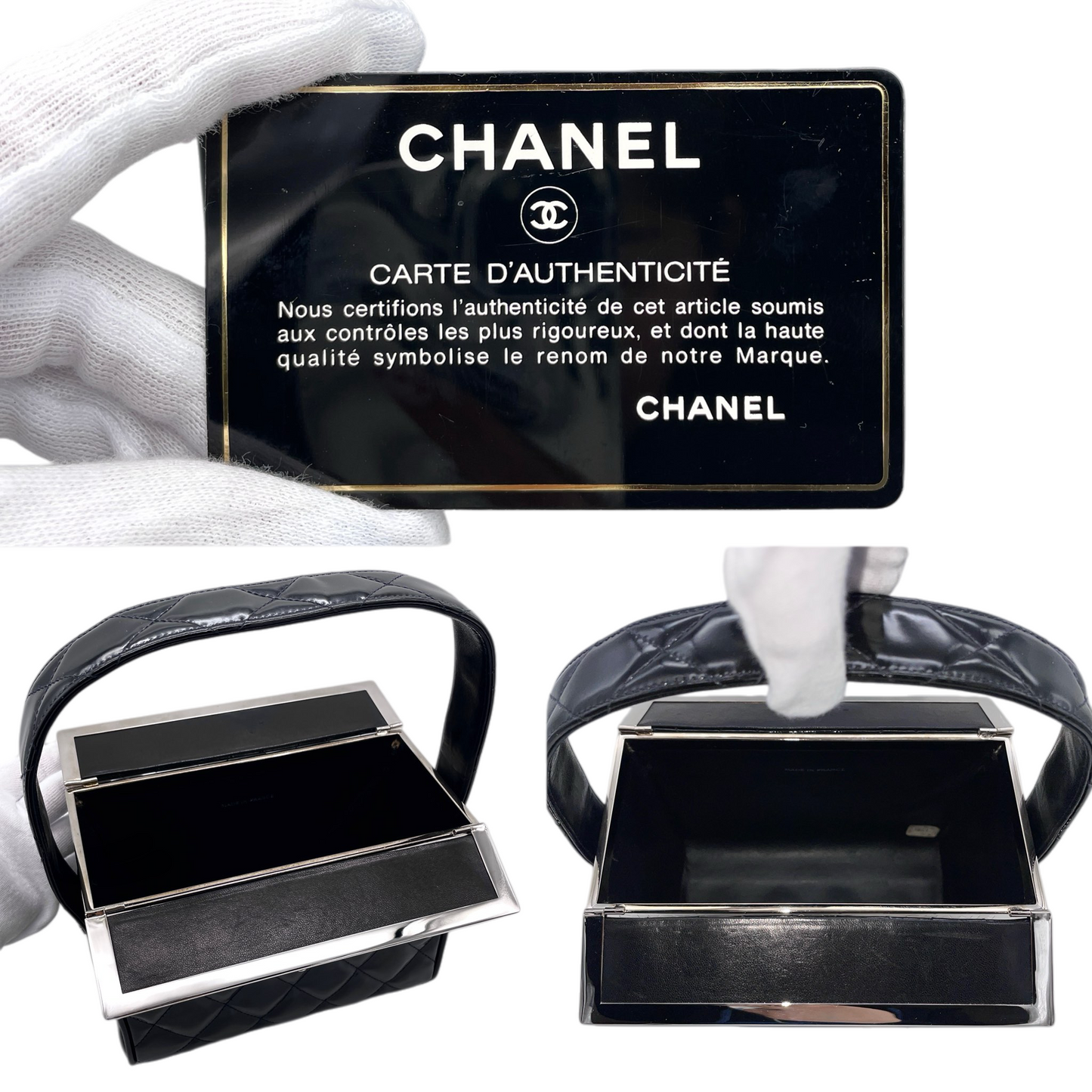 RARE☆☆☆CHANEL 1997 Matelassé Enamel Double Doors Vanity Hand Bag Black & Silver