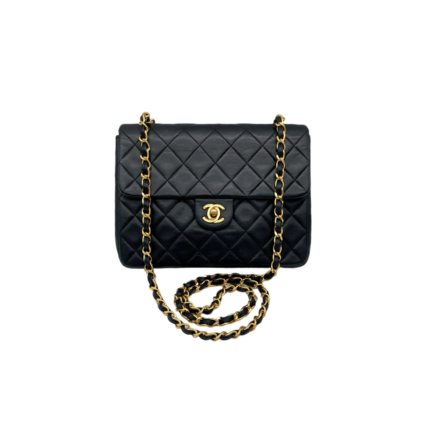 CHANEL Matelassé CC LOGO Turn Lock Mini Chain Shoulder Flap Bag Black & Gold