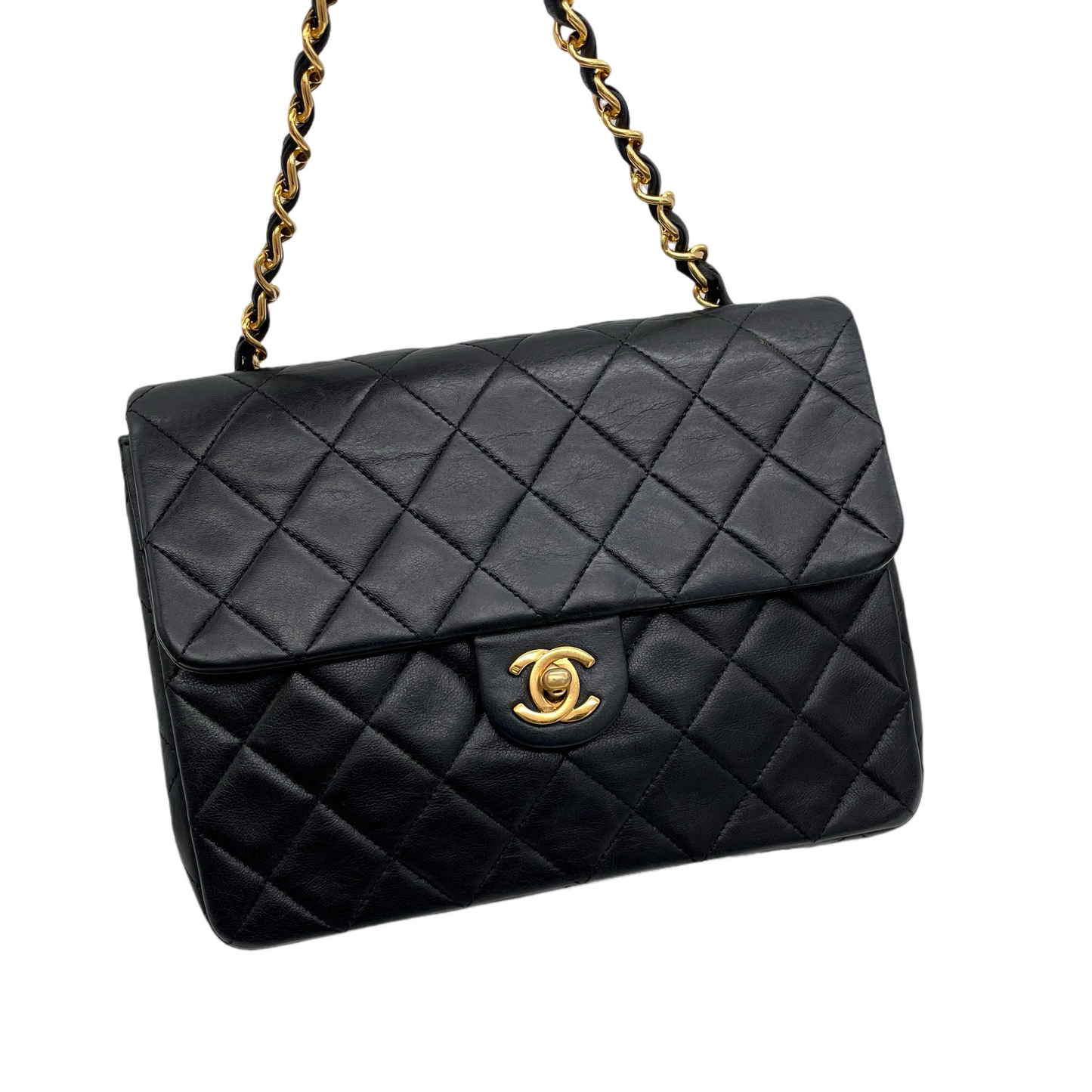 CHANEL Matelassé CC LOGO Turn Lock Mini Chain Shoulder Flap Bag Black & Gold