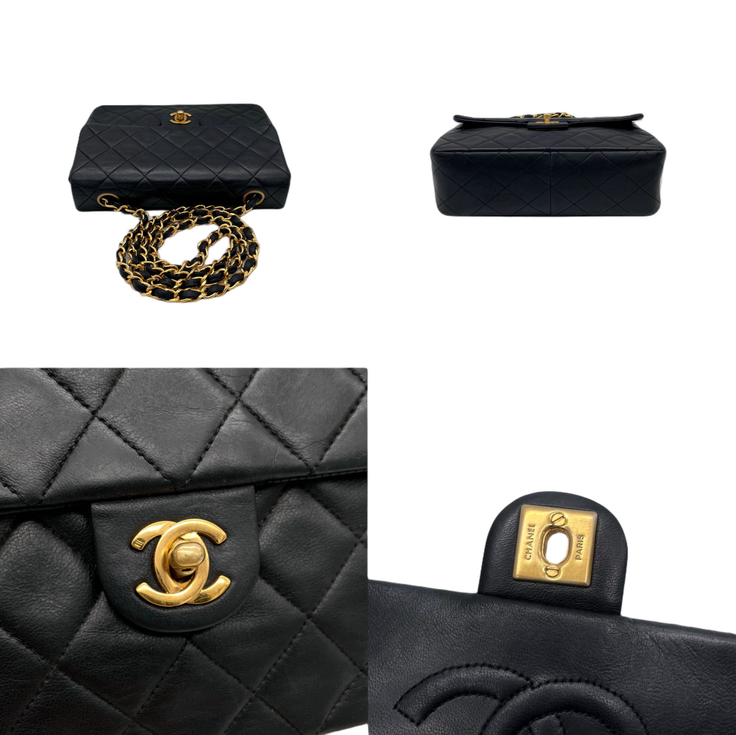 CHANEL Matelassé CC LOGO Turn Lock Mini Chain Shoulder Flap Bag Black & Gold