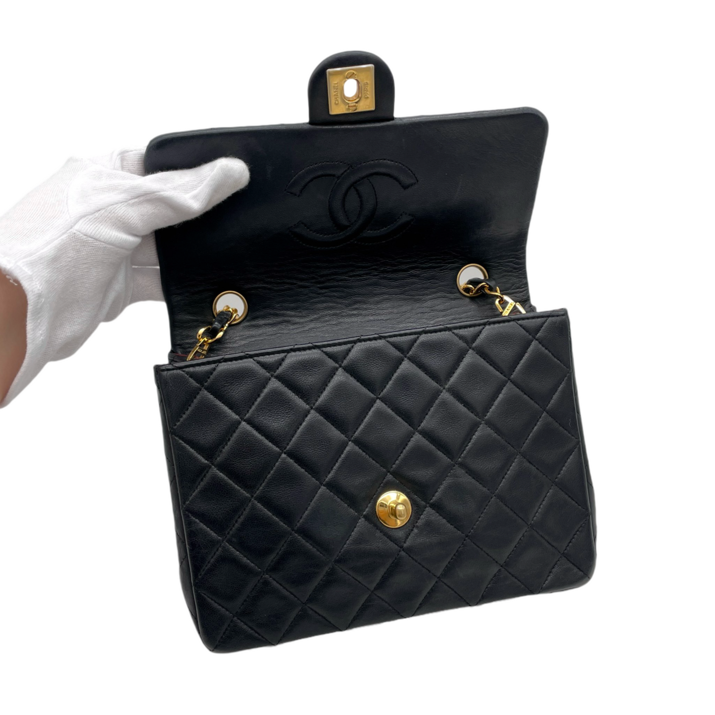 CHANEL Matelassé CC LOGO Turn Lock Mini Chain Shoulder Flap Bag Black & Gold