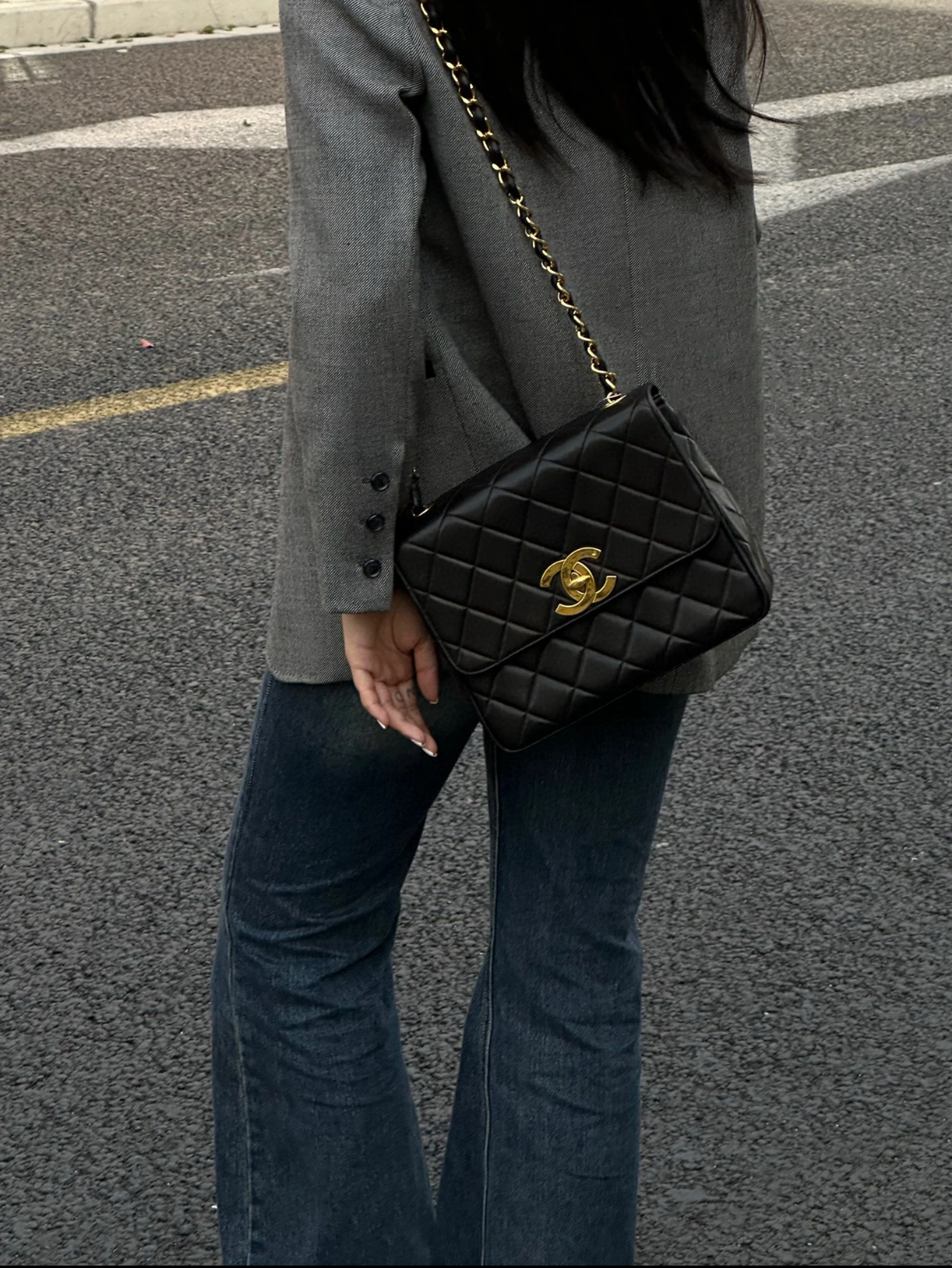 RARE☆☆☆CHANEL Jumbo CC LOGO Turn Lock Chain Shoulder Single Flap Bag Black & Gold #