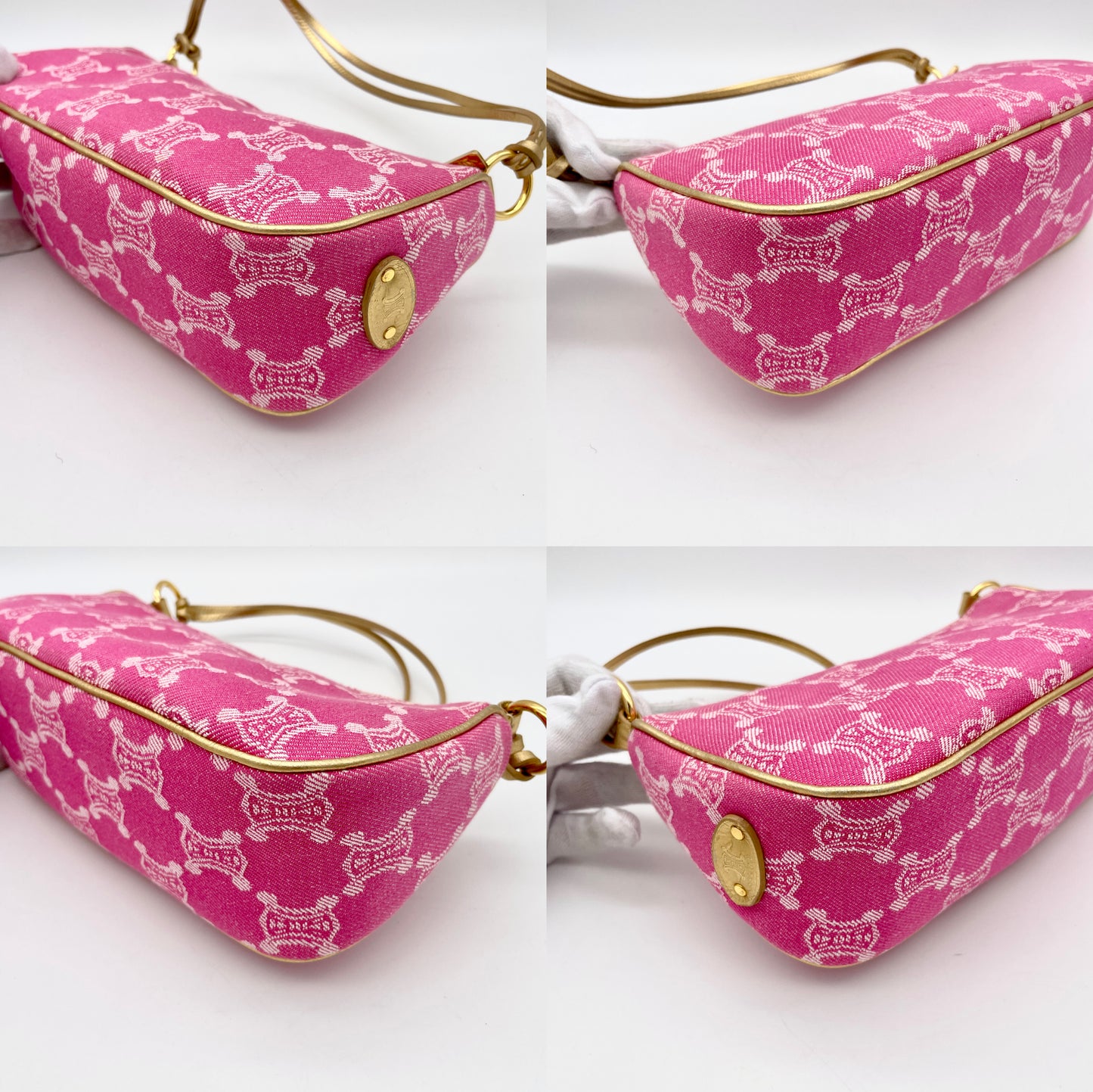 RARE☆☆☆CELINE Macadam Pink Denim Accessory Pouch Shoulder Bag Gold Leather