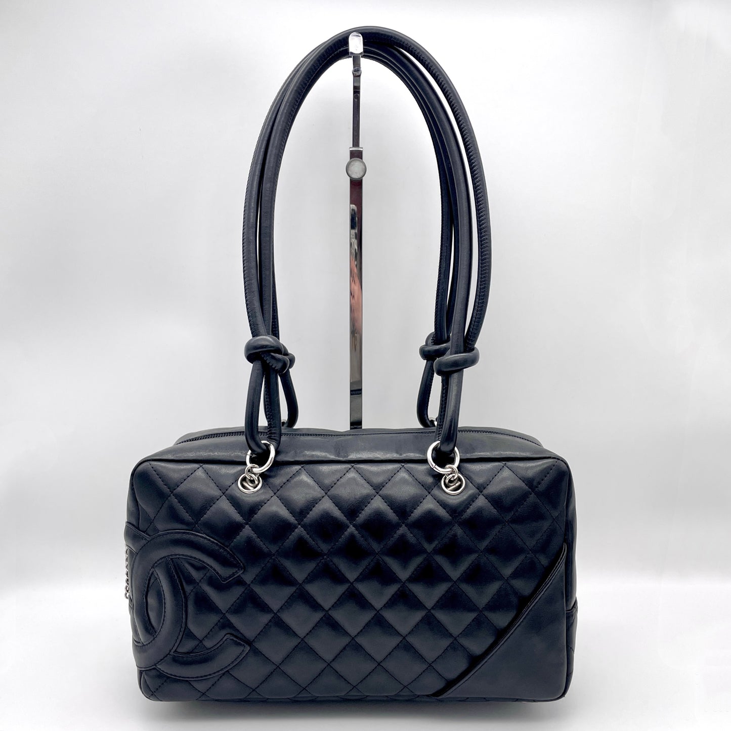 CHANEL Cambon Line Bowling Shoulder Bag MM Black Calfskin Leather