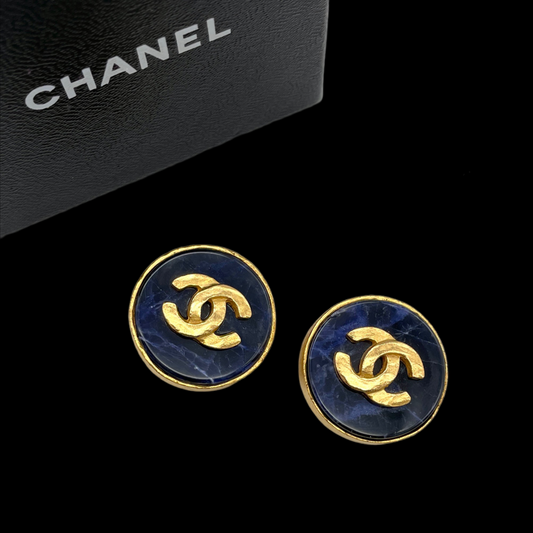 CHANEL 1995 CC LOGO Bluestone Round Earring Clip-On Blue & Gold