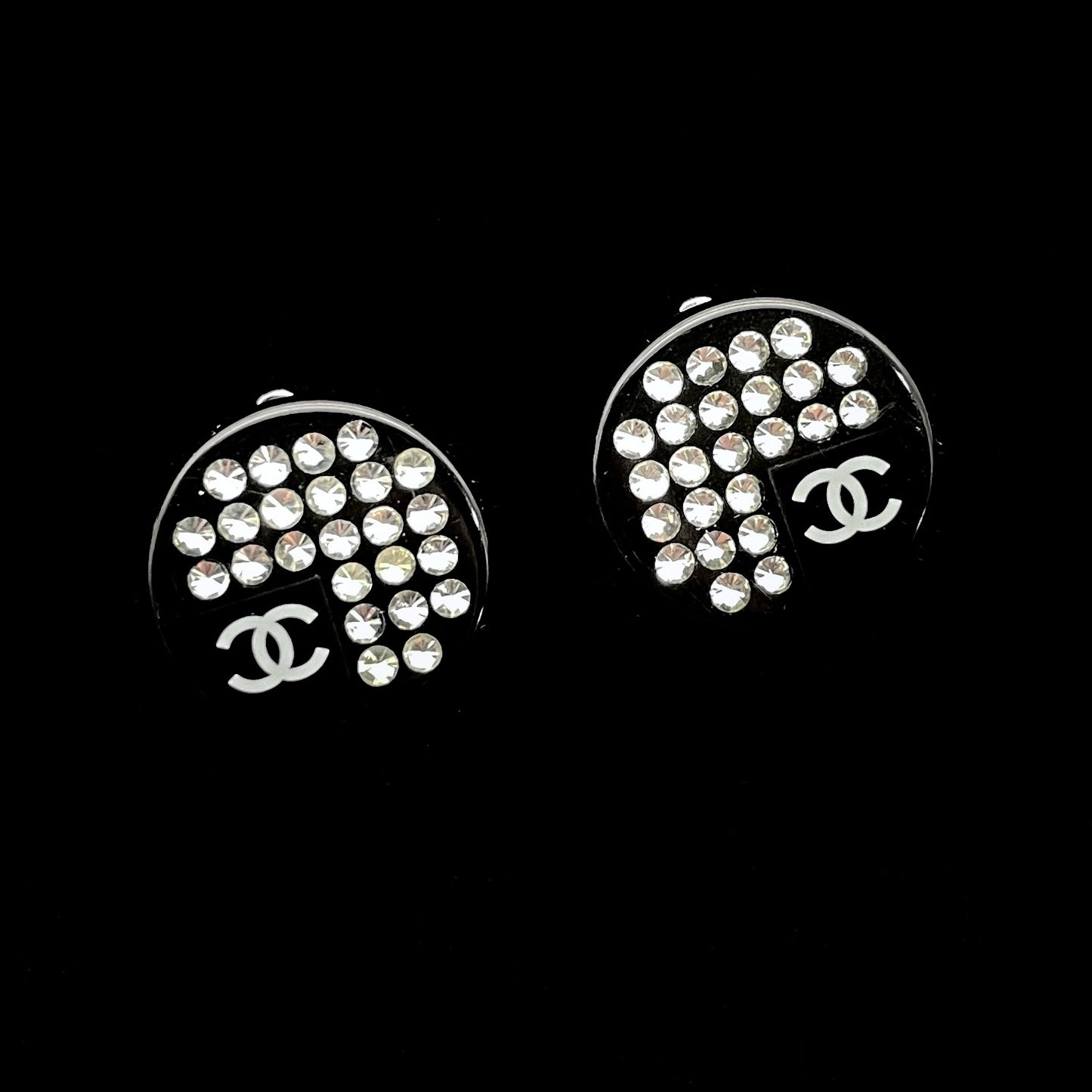 CHANEL Rhinestone Coco Mark Round Earrings 05P Acrylic Black Silver