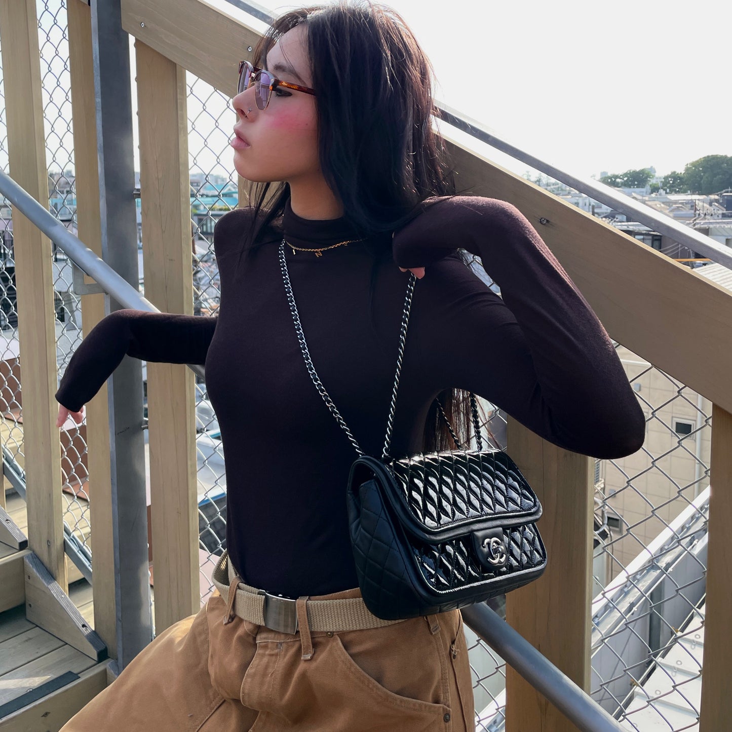 CHANEL 2014 Preloved Matelassé Enamel &amp; Lamb Skin Double Chain Single Flap Shoulder Bag Black &amp; Silver