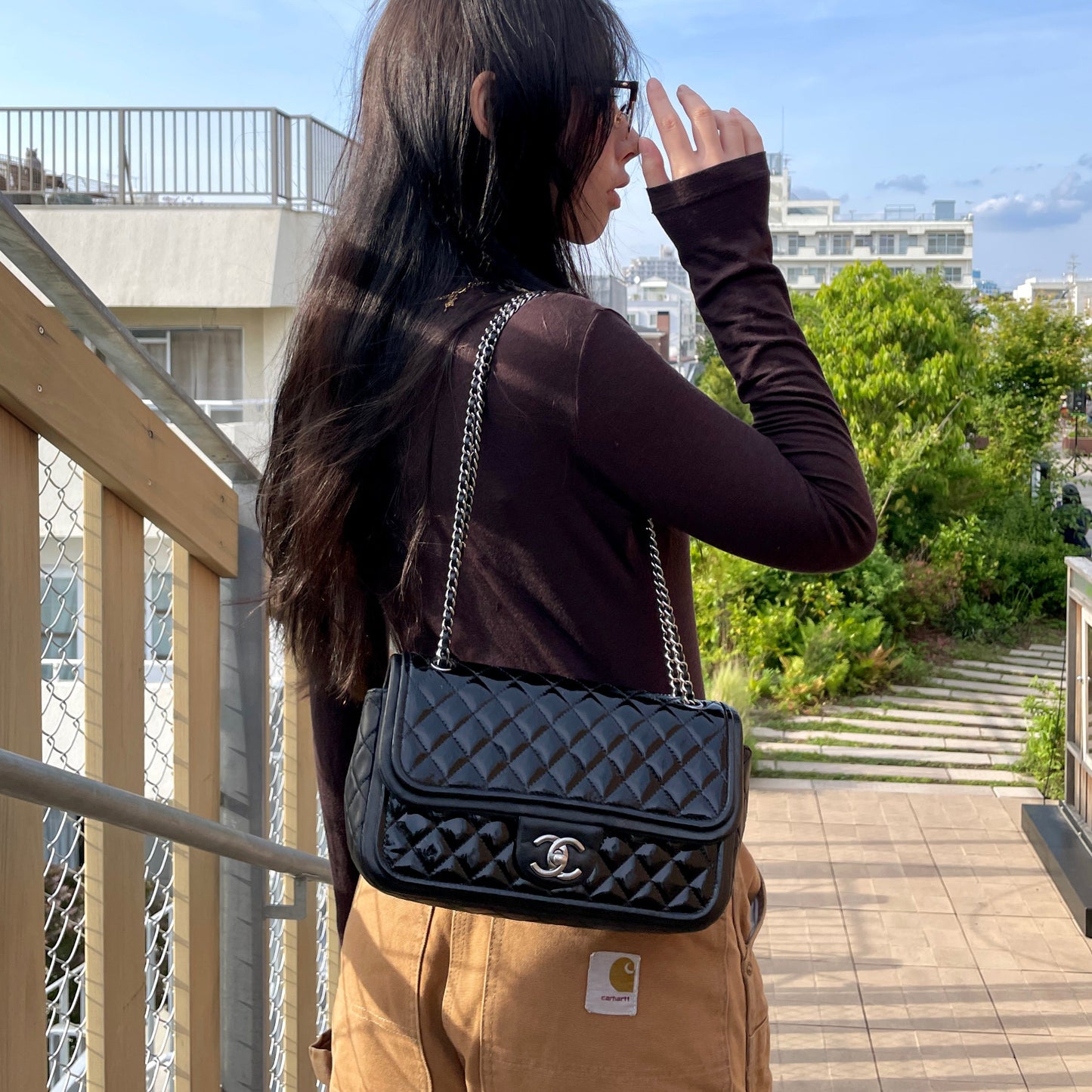 CHANEL 2014 Preloved Matelassé Enamel &amp; Lamb Skin Double Chain Single Flap Shoulder Bag Black &amp; Silver