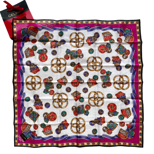 CELINE Mini Scarf Neckerchief Handkerchief Multi-color & White