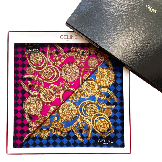 CELINE Mini Scarf Neckerchief Handkerchief 2 Set Blue & Pink