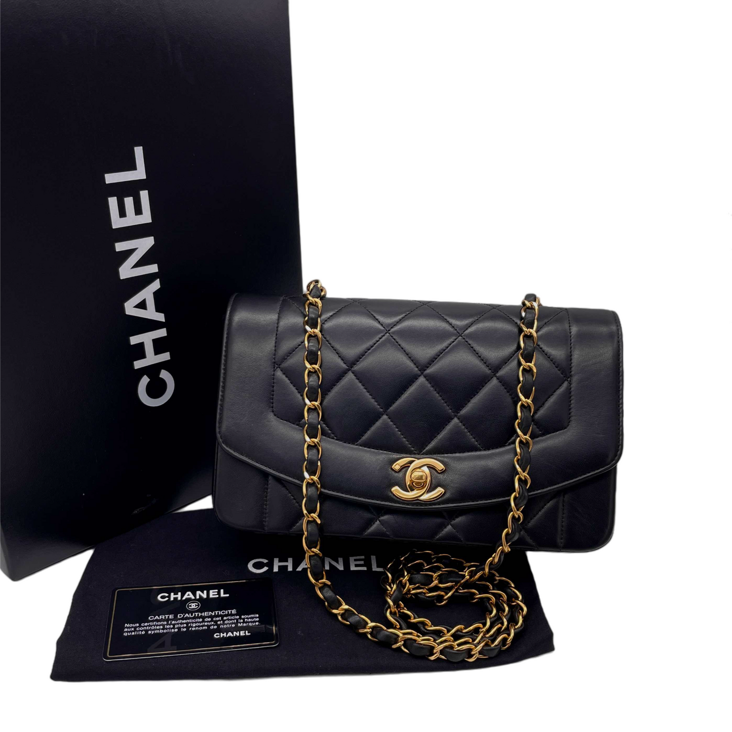RARE☆☆☆CHANEL Matelassé Diana 23cm Lambskin Leather Chain Shoulder Flap Bag Black &amp; Gold