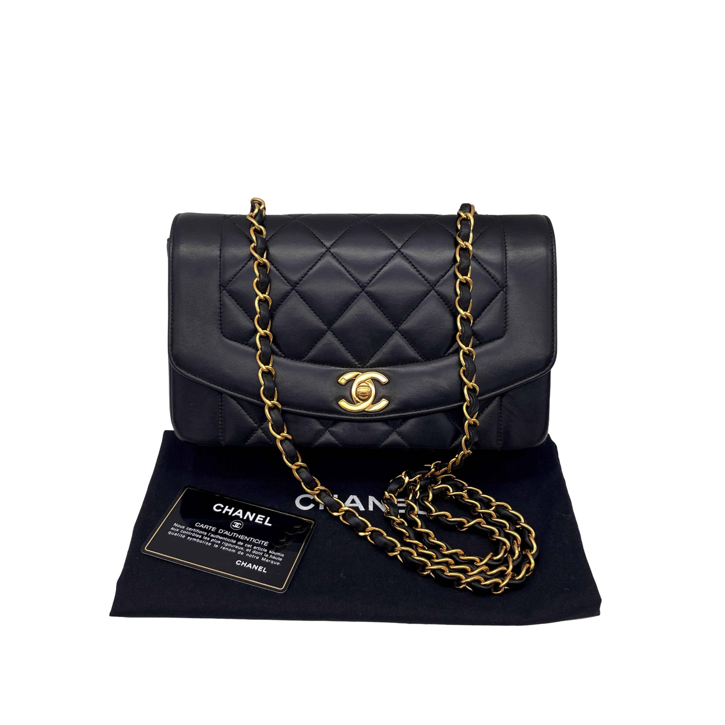 RARE☆☆☆CHANEL Matelassé Diana 23cm Lambskin Leather Chain Shoulder Flap Bag Black &amp; Gold