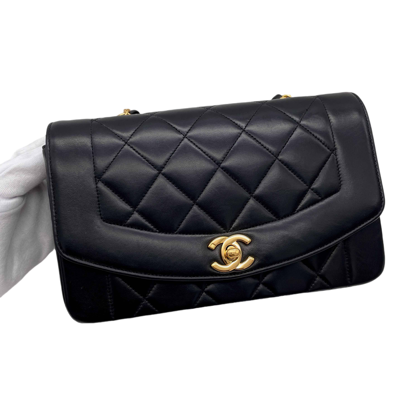 RARE☆☆☆CHANEL Matelassé Diana 23cm Lambskin Leather Chain Shoulder Flap Bag Black &amp; Gold