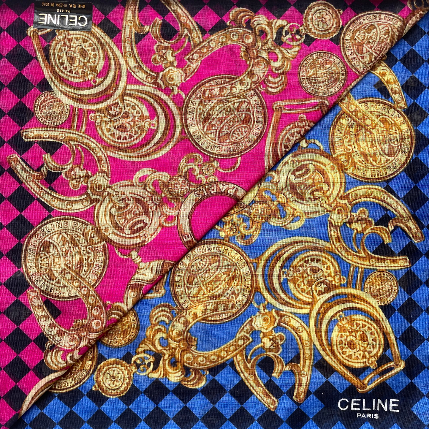 CELINE Mini Scarf Neckerchief Handkerchief 2 Set Blue & Pink