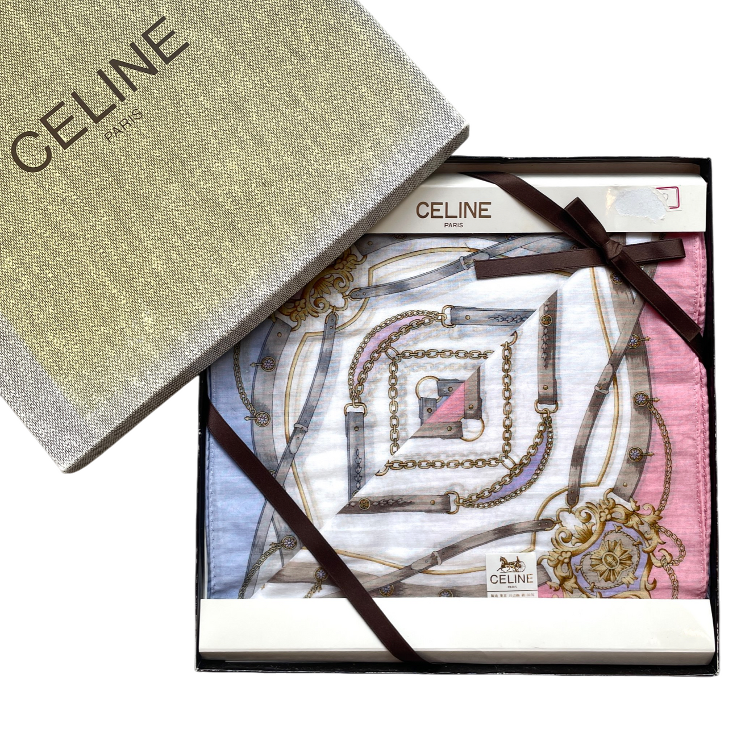 CELINE Mini Scarf Neckerchief Handkerchief 2 Set Multi-Color & White
