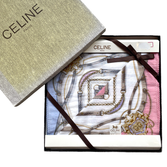 CELINE Mini Scarf Neckerchief Handkerchief 2 Set Multi-Color & White