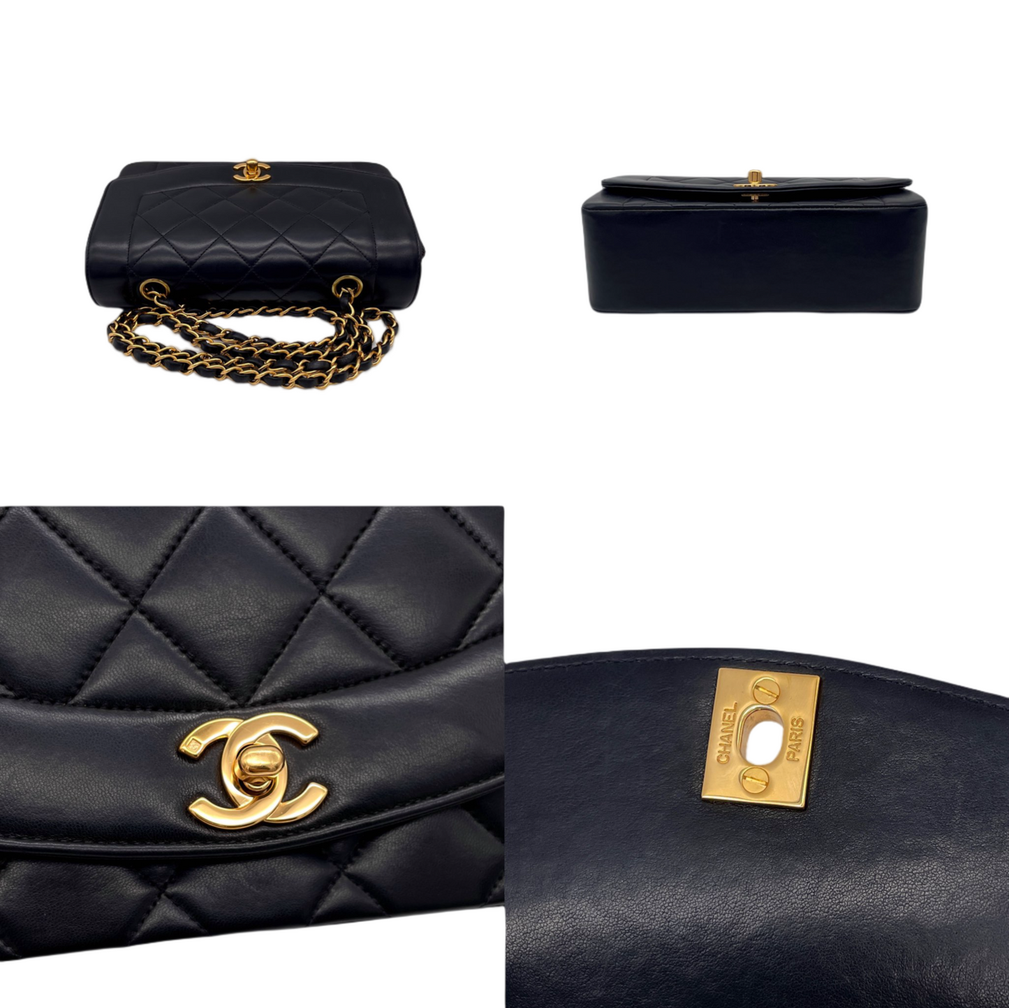 RARE☆☆☆CHANEL Matelassé Diana 23cm Lambskin Leather Chain Shoulder Flap Bag Black &amp; Gold