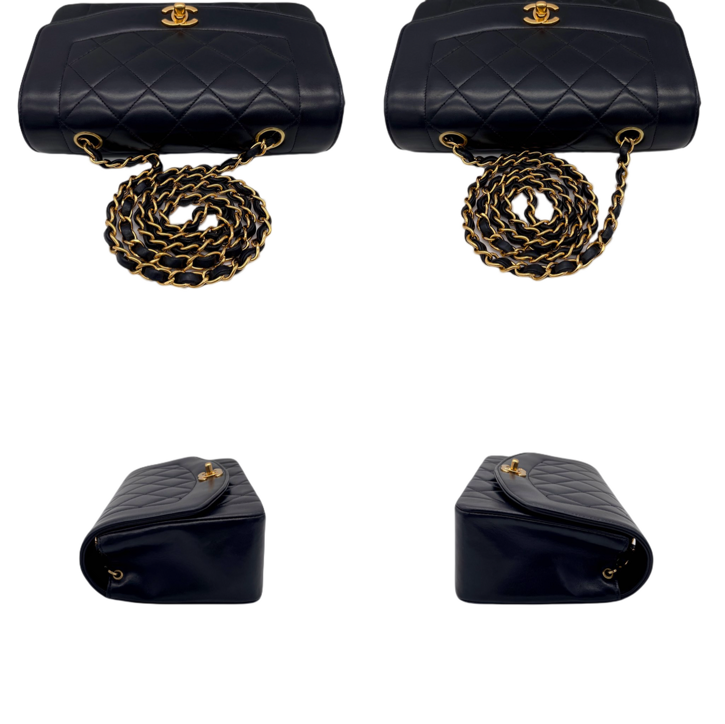 RARE☆☆☆CHANEL Matelassé Diana 23cm Lambskin Leather Chain Shoulder Flap Bag Black &amp; Gold