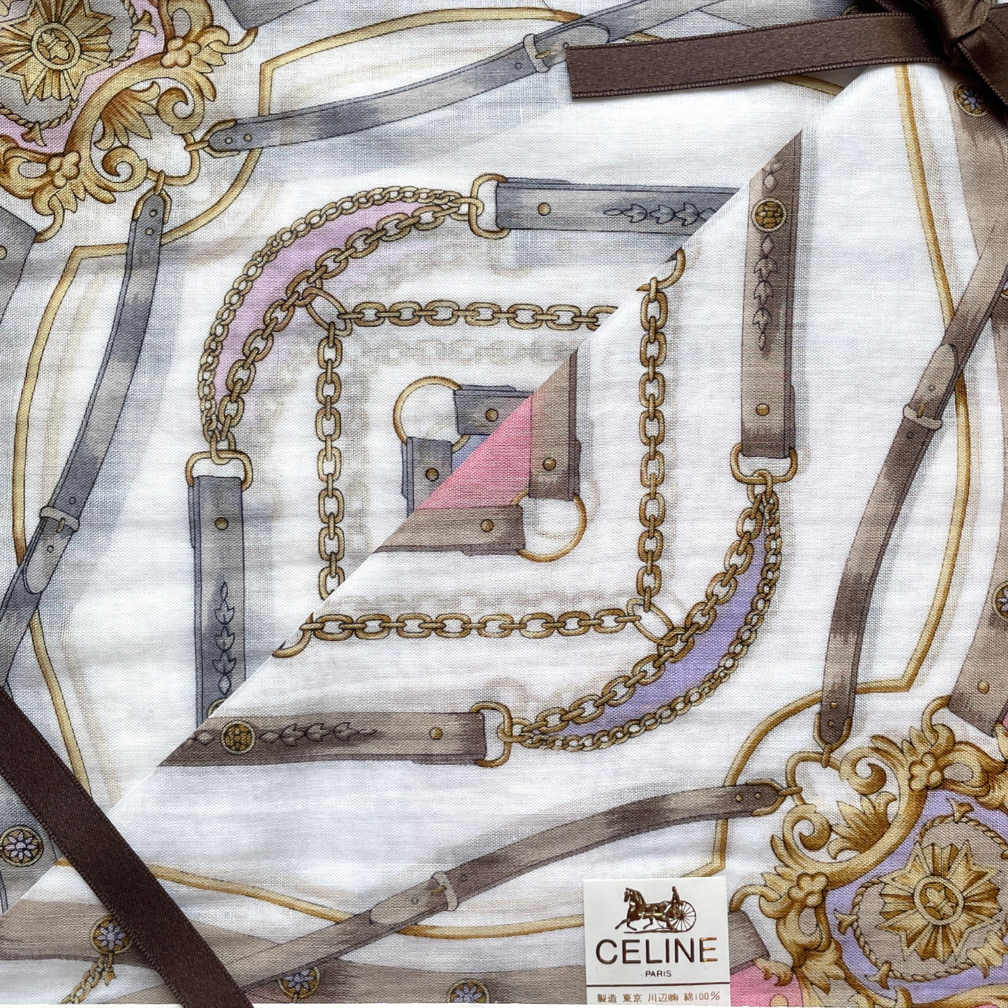 CELINE Mini Scarf Neckerchief Handkerchief 2 Set Multi-Color & White