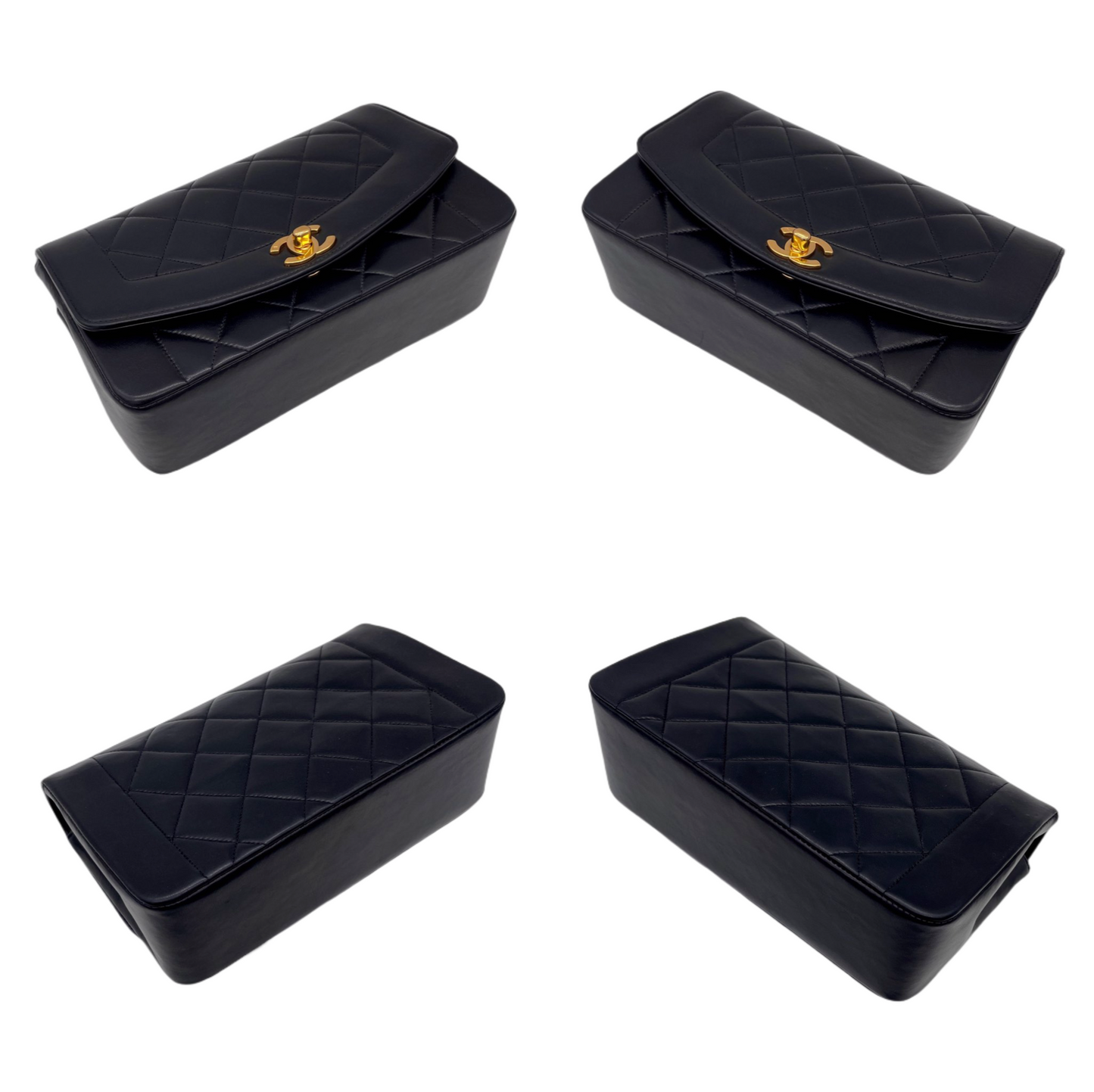 RARE☆☆☆CHANEL Matelassé Diana 23cm Lambskin Leather Chain Shoulder Flap Bag Black &amp; Gold