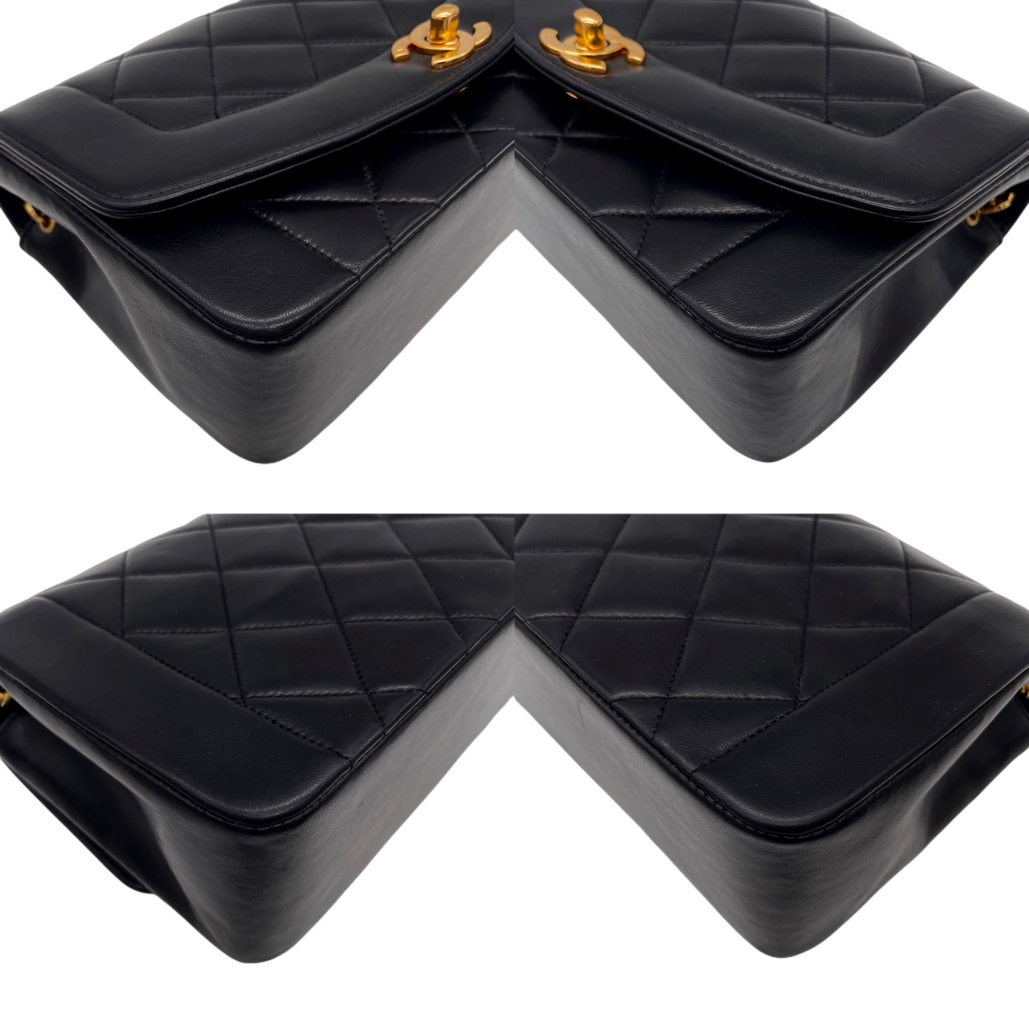 RARE☆☆☆CHANEL Matelassé Diana 23cm Lambskin Leather Chain Shoulder Flap Bag Black &amp; Gold