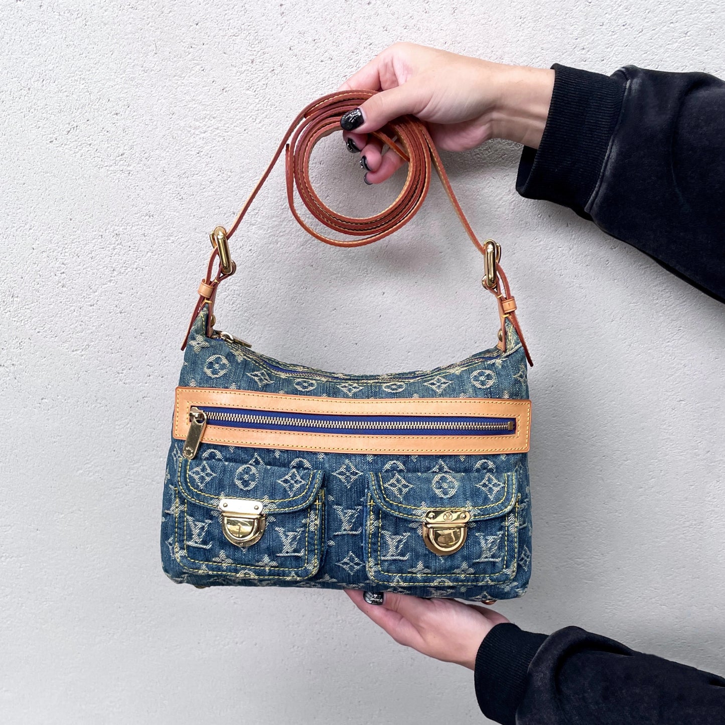 RARE☆☆☆☆LOUIS VUITTON 2005 Monogram Denim Baggy PM M95049 Shoulder Bag Blue &amp; Brown