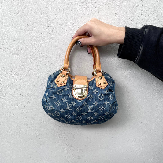 RARE☆☆☆☆☆LOUIS VUITTON 2005 Monogram Denim Pretty M95020 Hand Bag Blue &amp; Brown