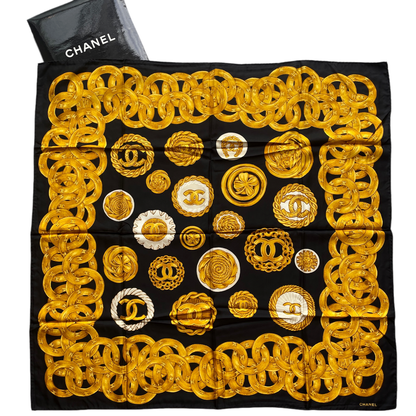RARE☆☆☆CHANEL Vintage Accessories Motif Scarf Headscarf Neckerchief Black & Gold