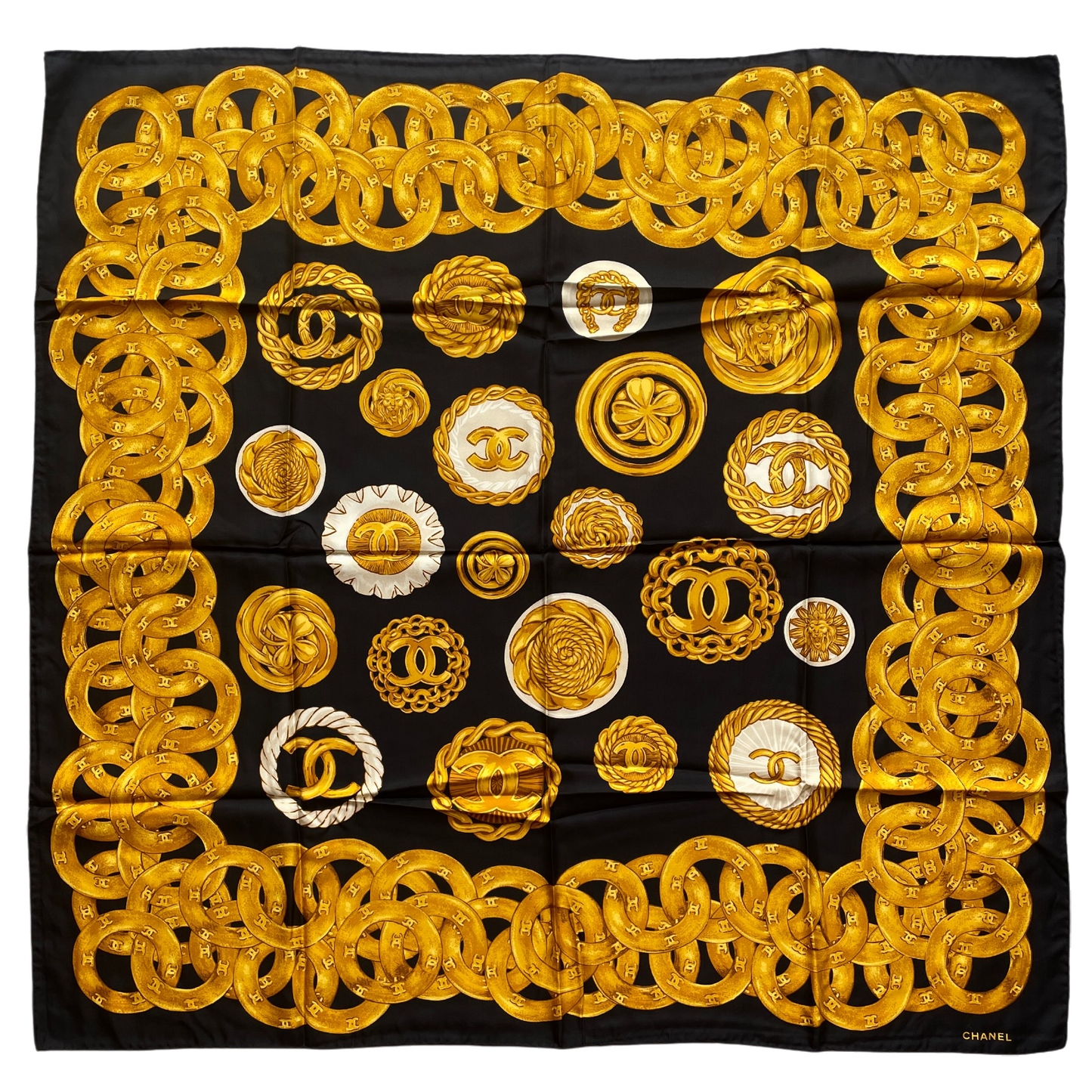 RARE☆☆☆CHANEL Vintage Accessories Motif Scarf Headscarf Neckerchief Black & Gold