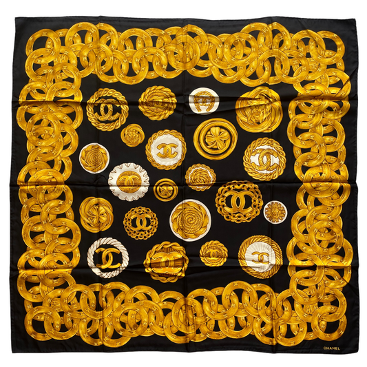 RARE☆☆☆CHANEL Vintage Accessories Motif Scarf Headscarf Neckerchief Black & Gold