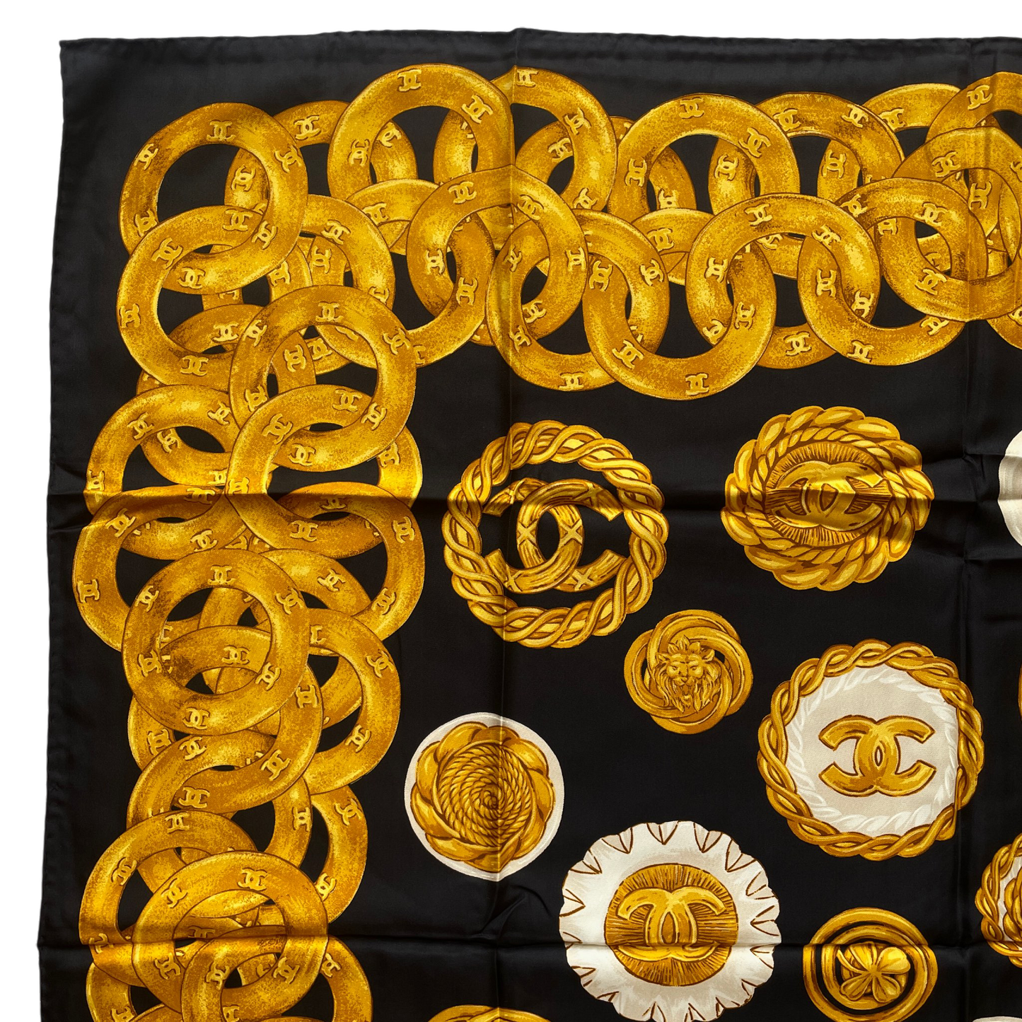 RARE☆☆☆CHANEL Vintage Accessories Motif Scarf Headscarf Neckerchief Black & Gold