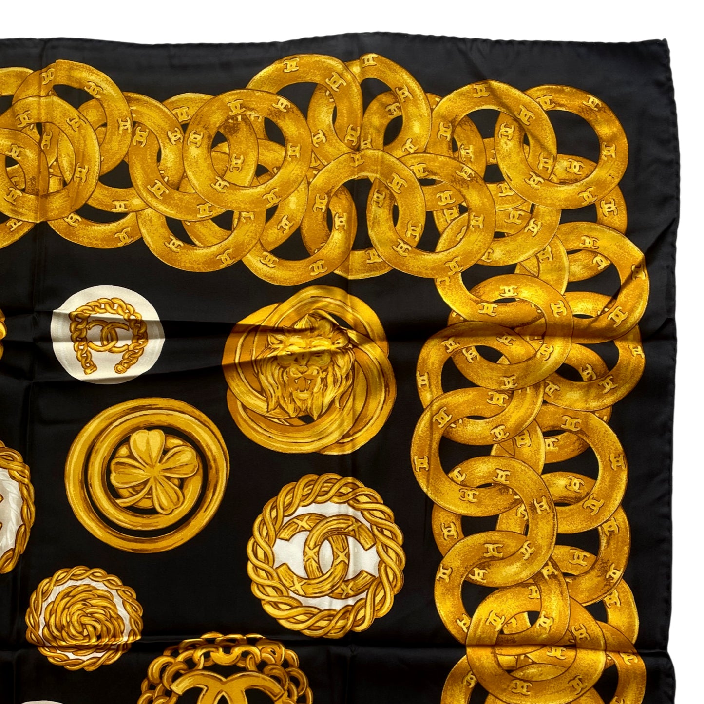 RARE☆☆☆CHANEL Vintage Accessories Motif Scarf Headscarf Neckerchief Black & Gold