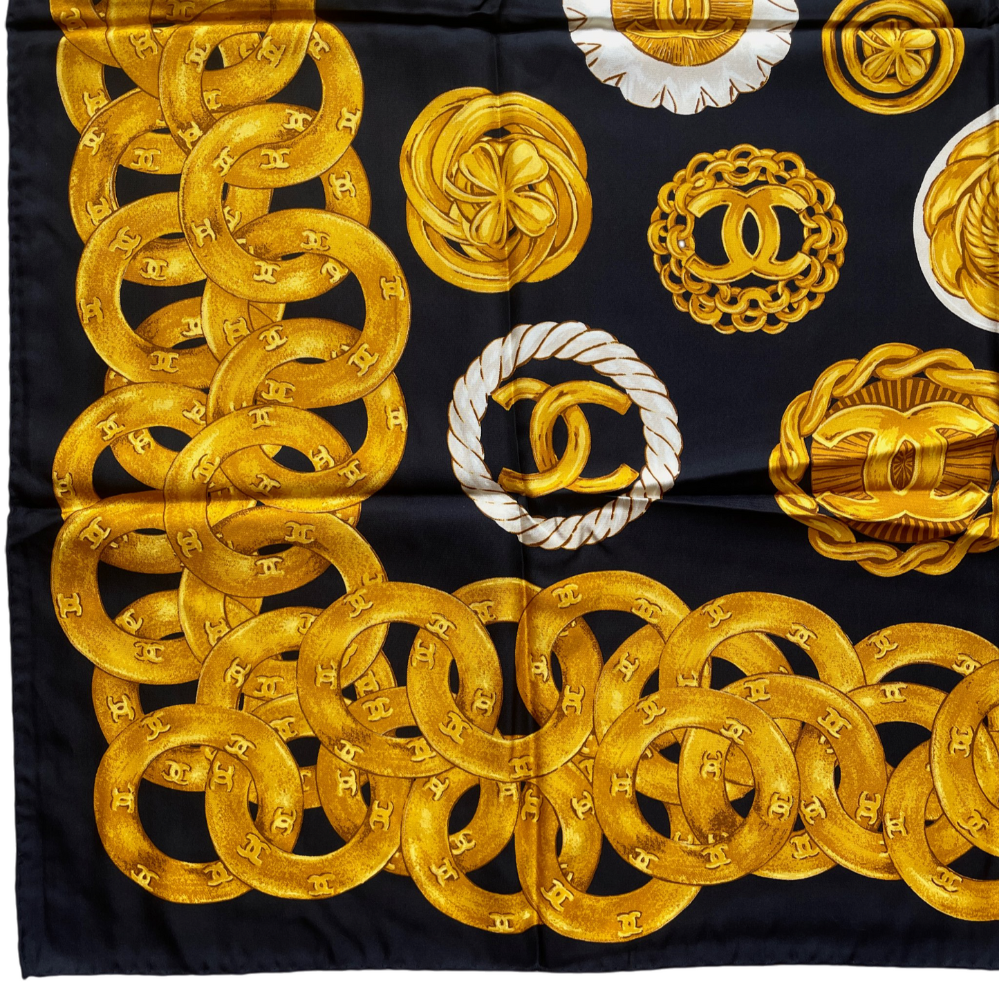 RARE☆☆☆CHANEL Vintage Accessories Motif Scarf Headscarf Neckerchief Black & Gold