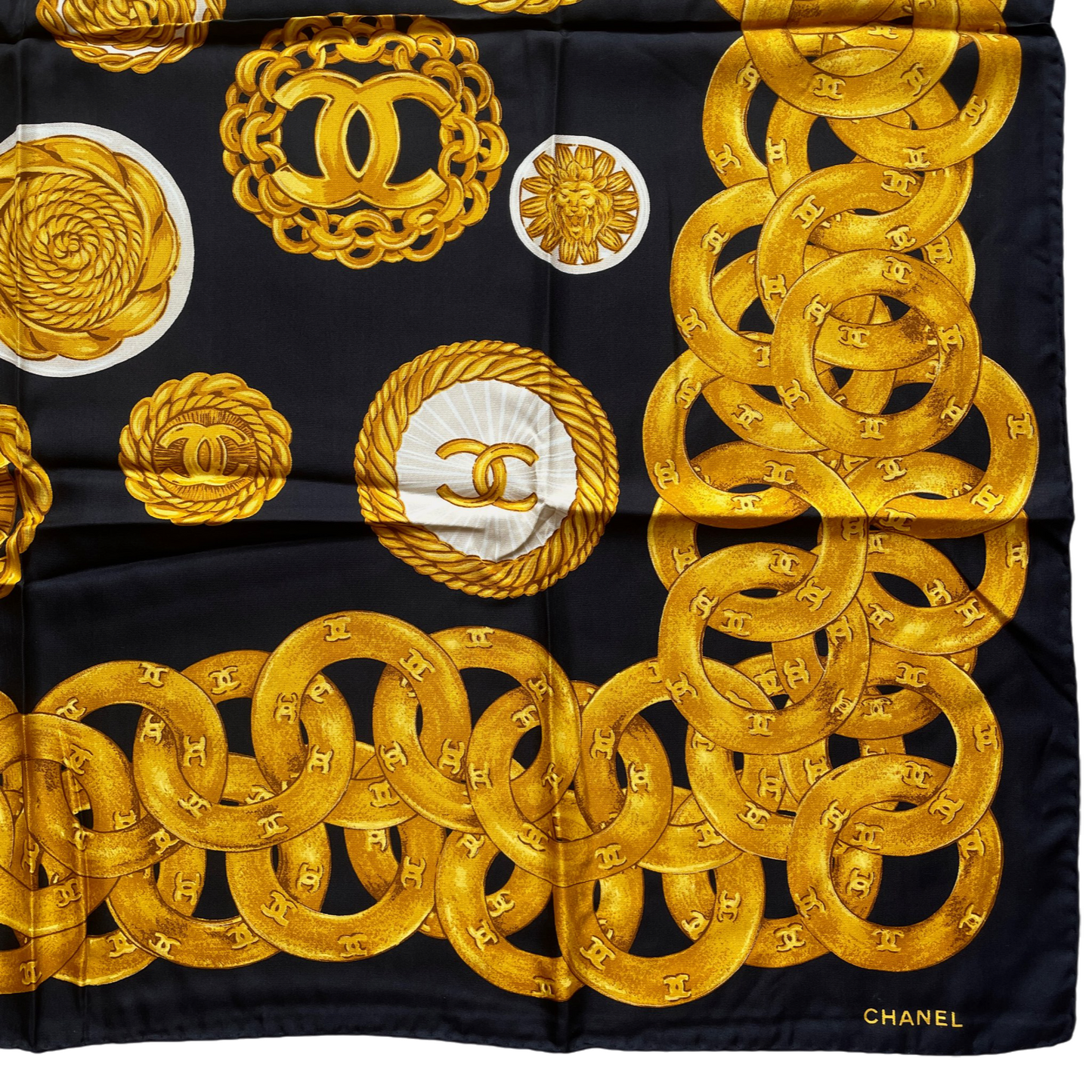 RARE☆☆☆CHANEL Vintage Accessories Motif Scarf Headscarf Neckerchief Black & Gold