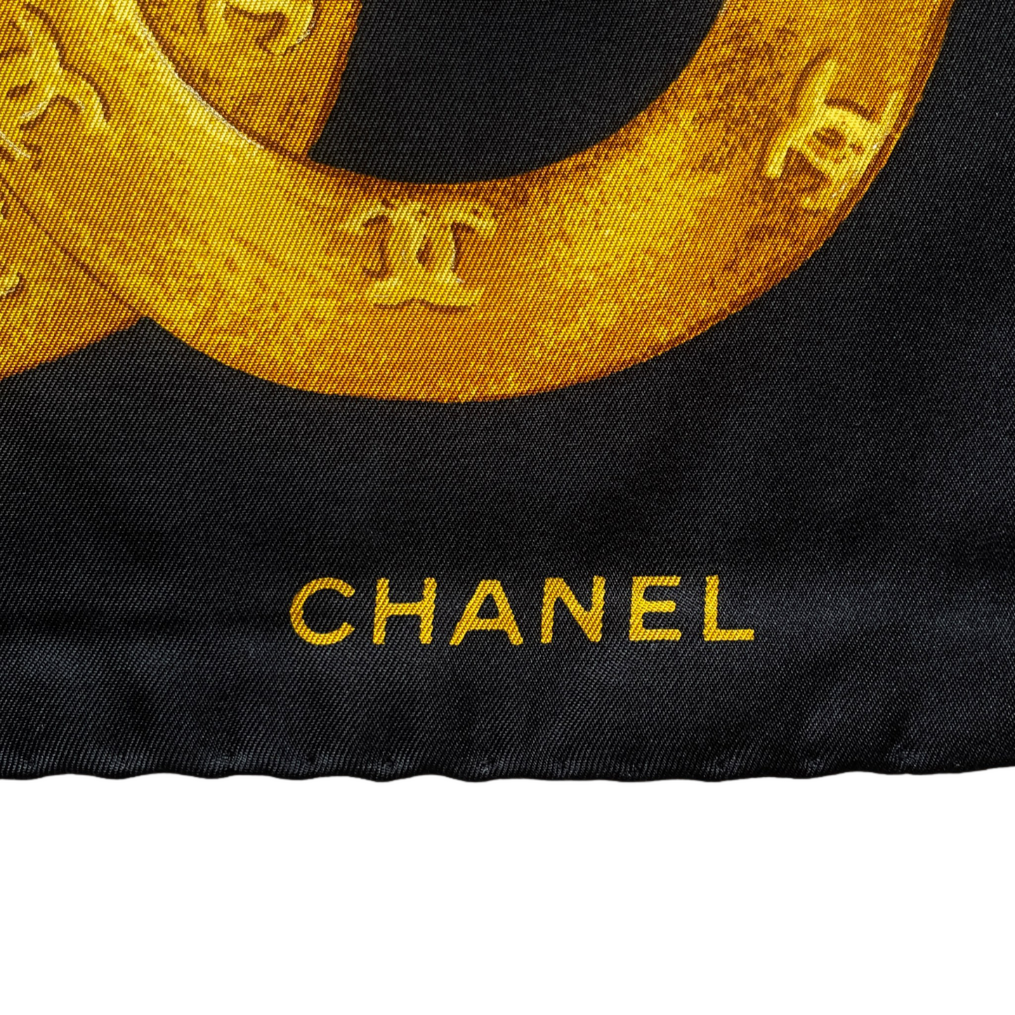 RARE☆☆☆CHANEL Vintage Accessories Motif Scarf Headscarf Neckerchief Black & Gold