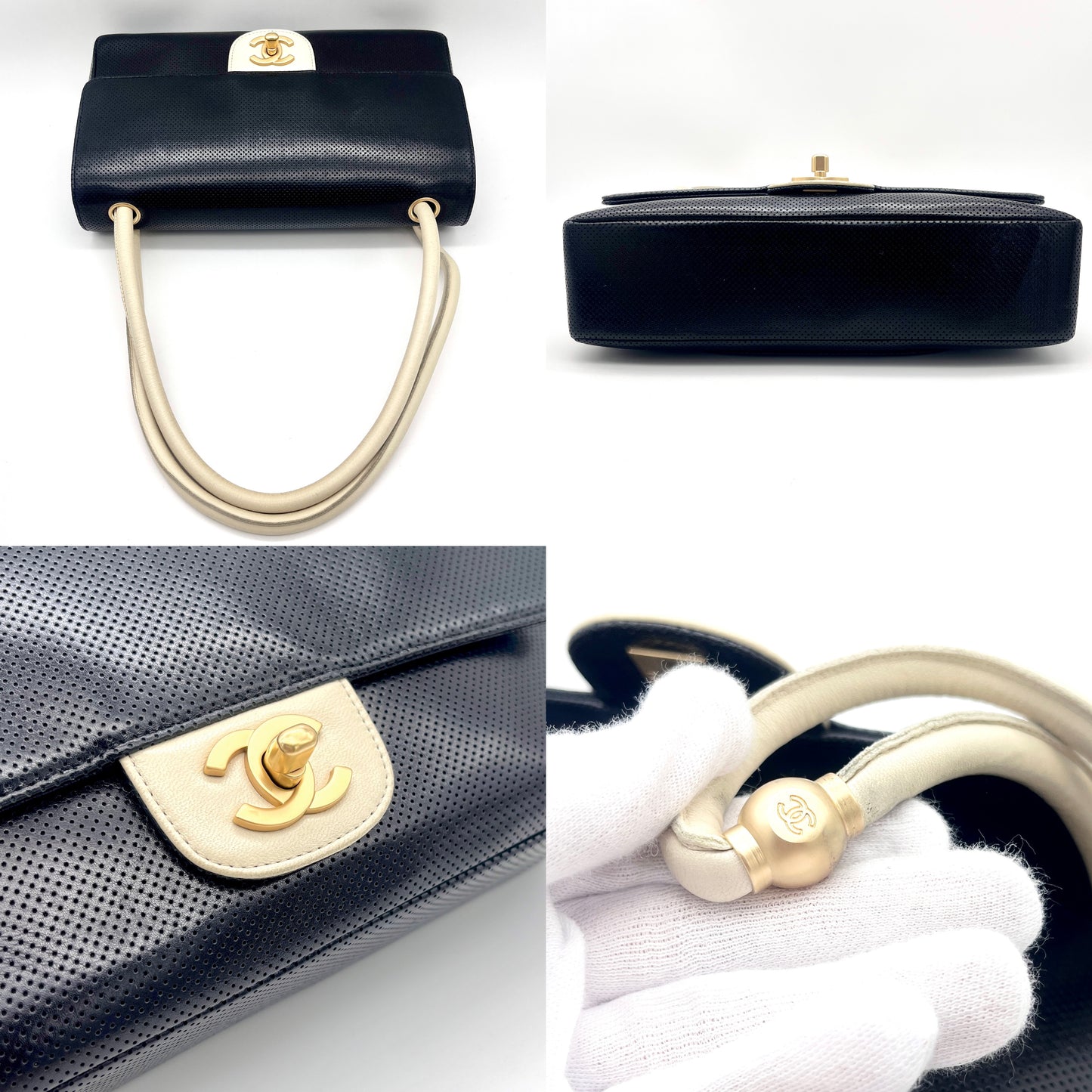 CHANEL Punched Leather Flap Shoulder Bag in Black and White