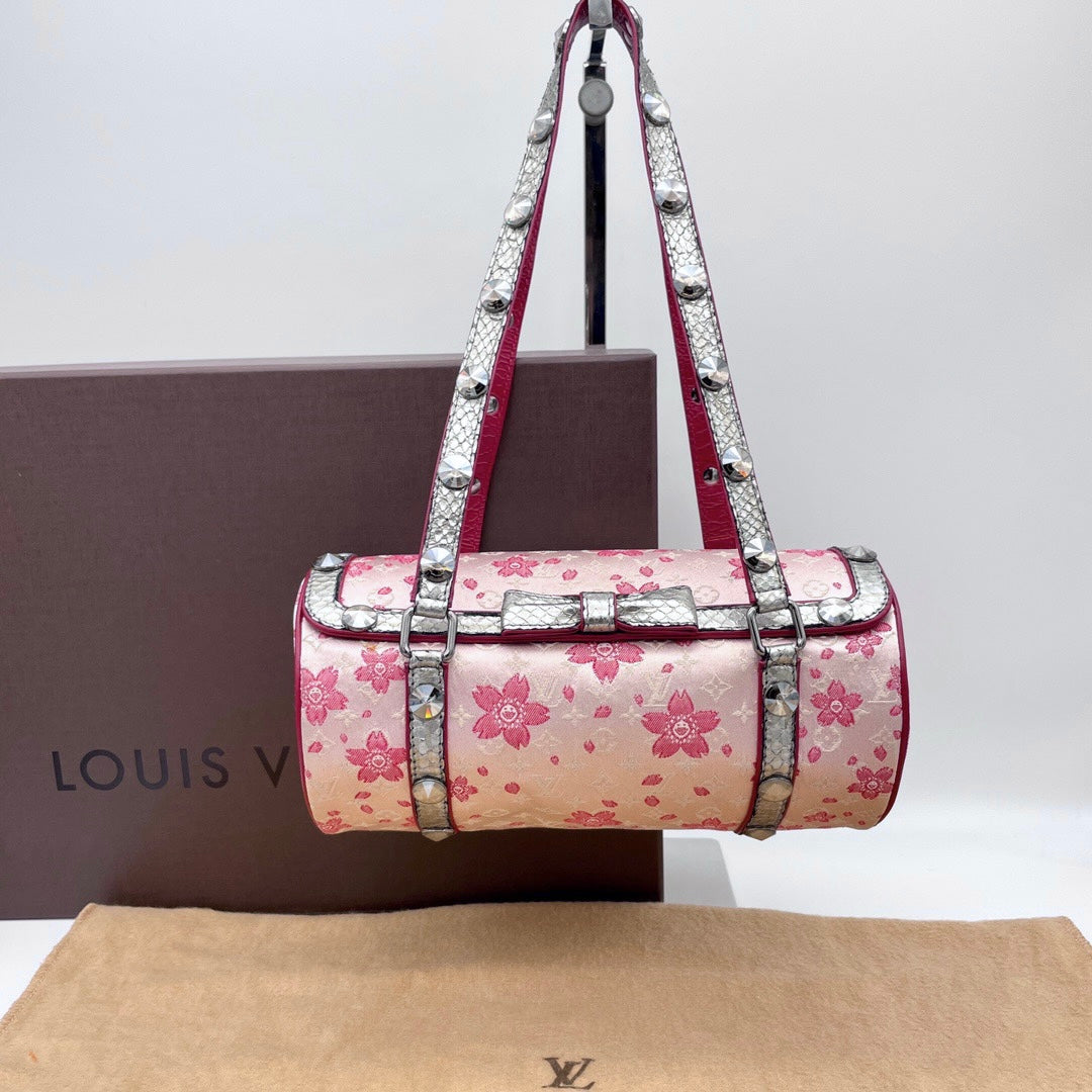 RARE☆☆☆☆☆AUTH Pre-owned Louis Vuitton Monogram Cherry Blossom Takashi Murakami Satin Papillon 22 / Pink