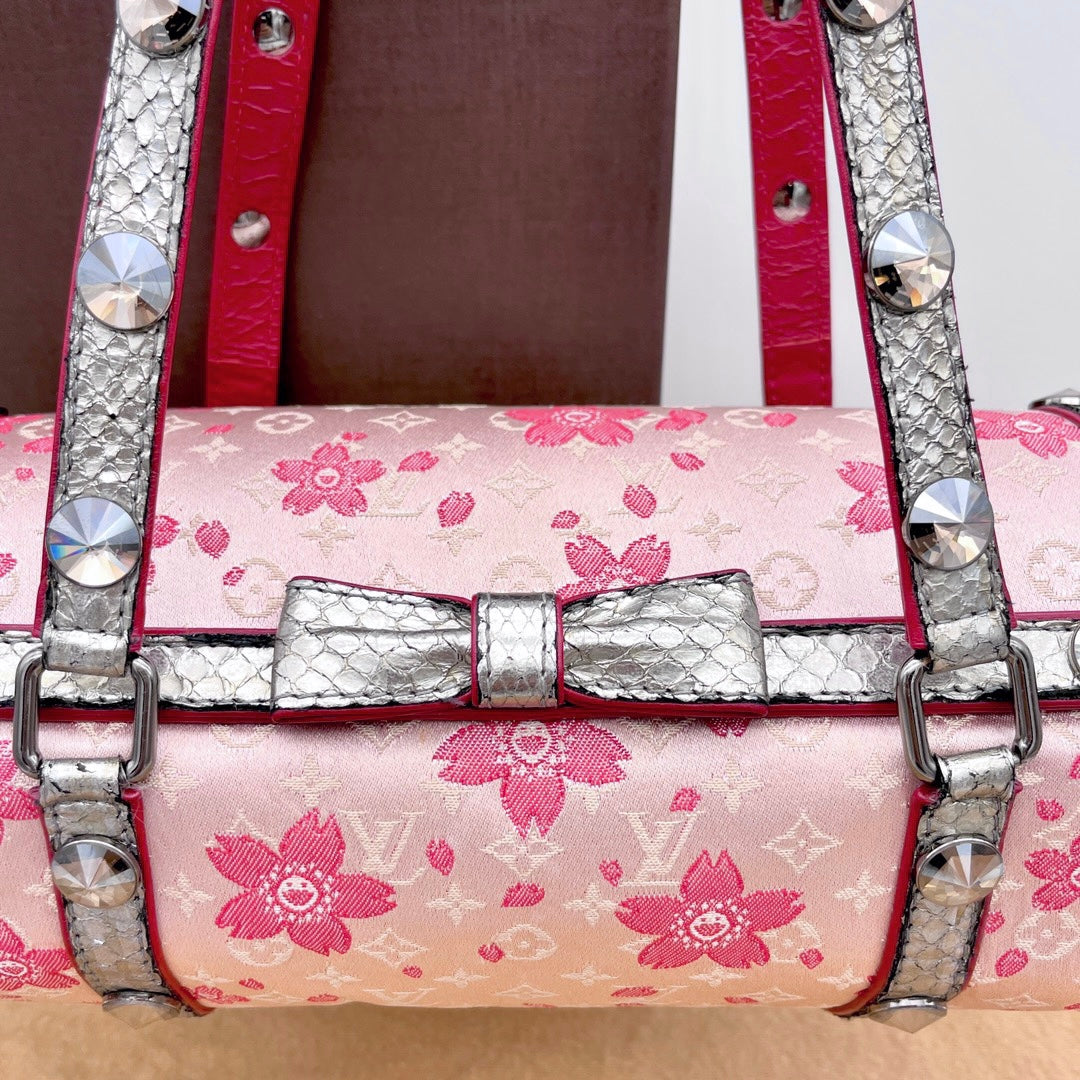 稀有☆☆☆☆☆正品二手路易威登 Monogram Cherry Blossom Takashi Murakami Satin Papillon 22 / 粉色