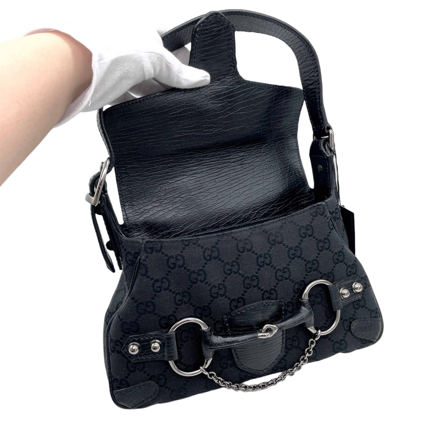 RARE☆☆GUCCI GG Canvas Chain Horsebit One Shoulder Bag PM SHW Black