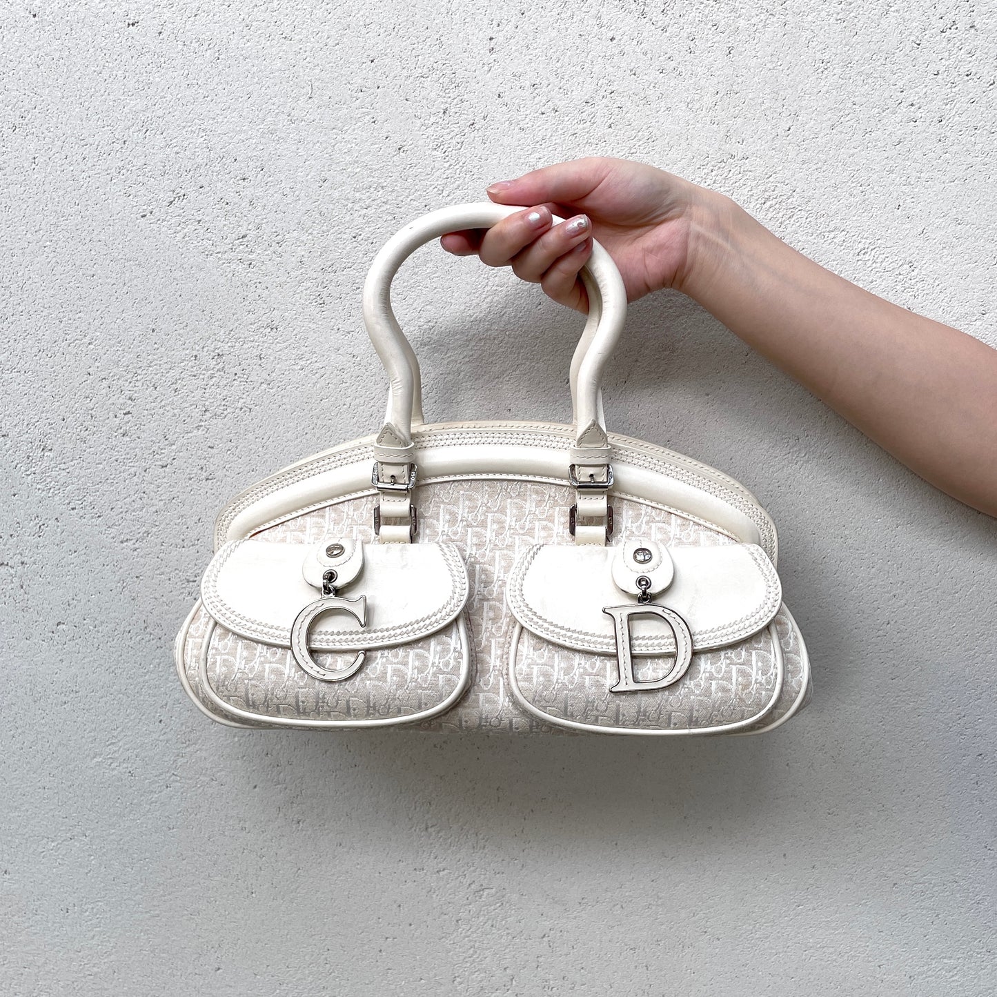 RARE★★★★CHRISTIAN DIOR 2005 SS Trotter Canvas Leather CD Pendant Detective Top Handle Bag Medium White/Silver