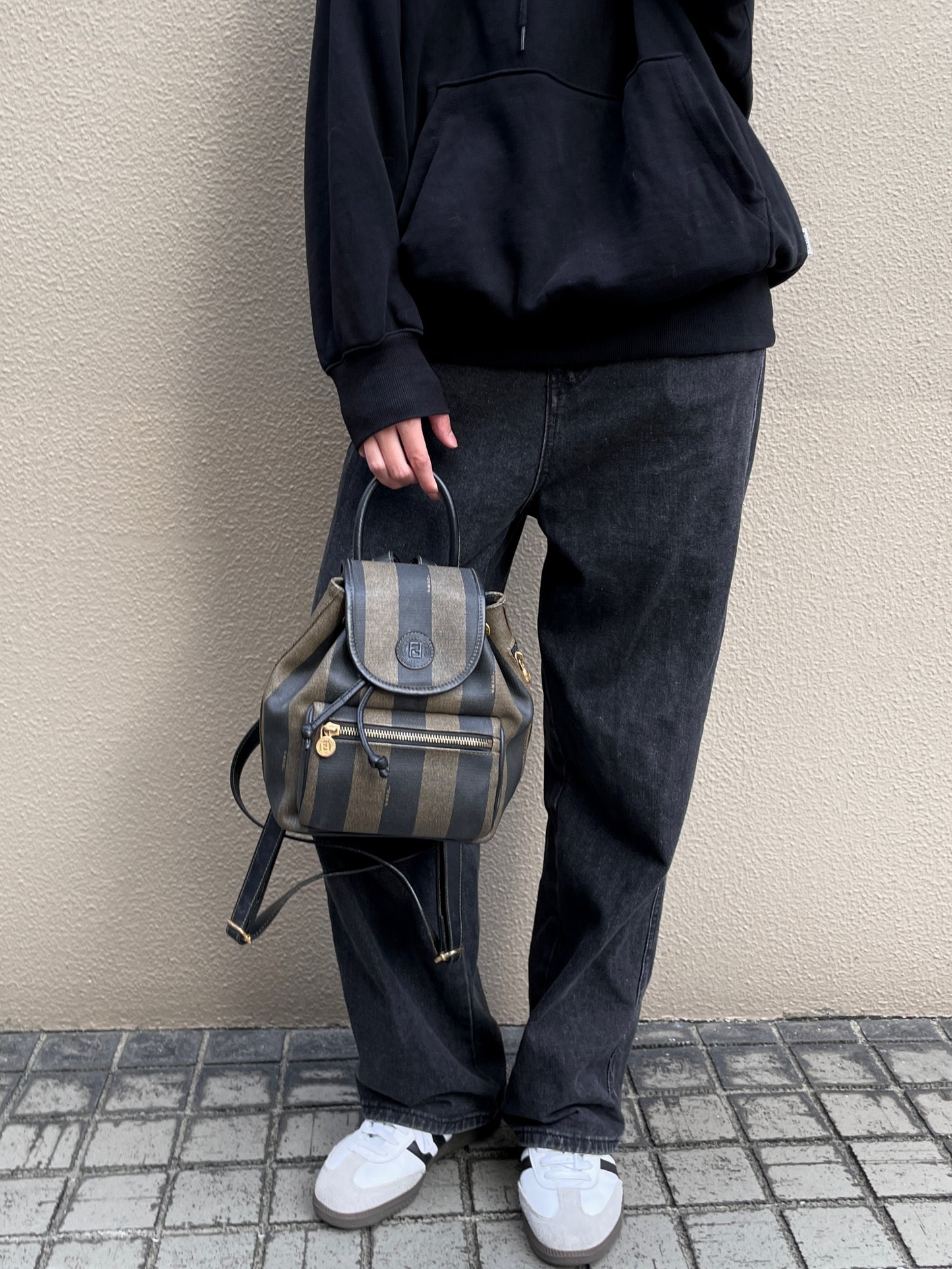 FENDI Pecan Mini Backpack Khaki Black PVC Leather