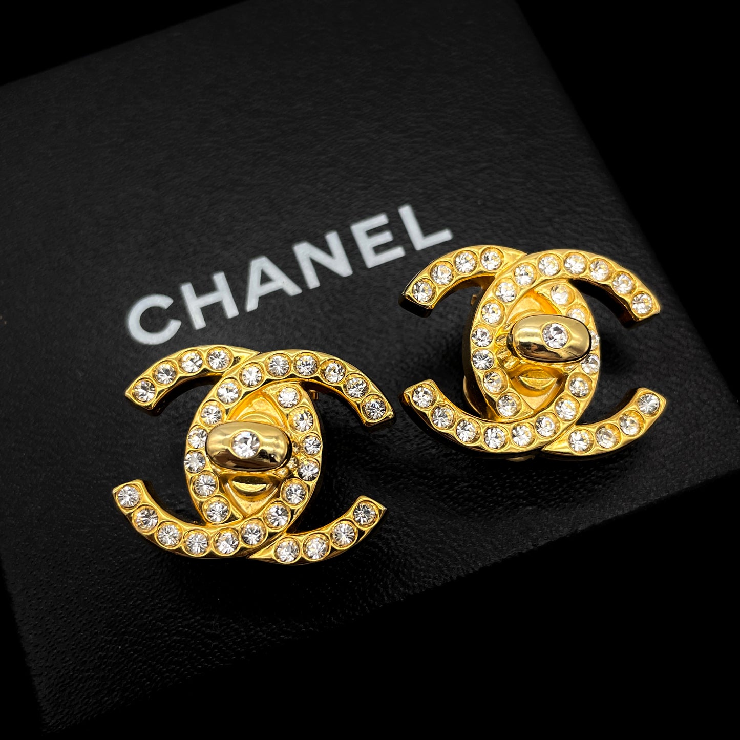 CHANEL Rhinestone Coco Mark Turnlock Earrings 96A