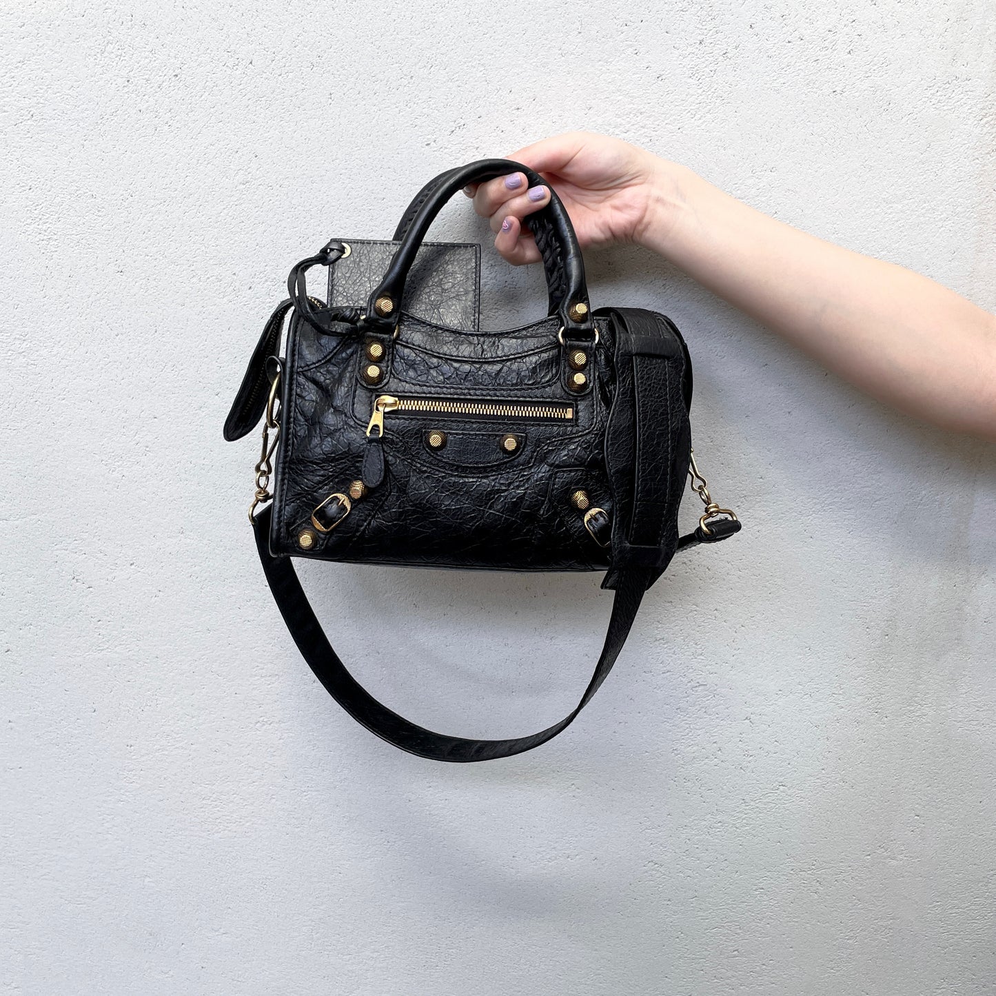 RARE★★★BALENCIAGA Le City Leather Convertible Top Handle Bag Mini Black/Gold