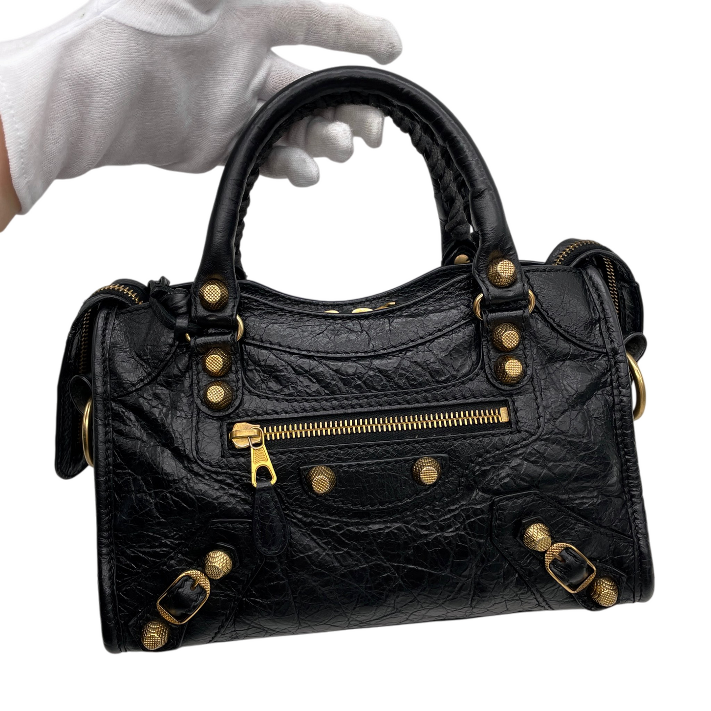 RARE★★★BALENCIAGA Le City Leather Convertible Top Handle Bag Mini Black/Gold
