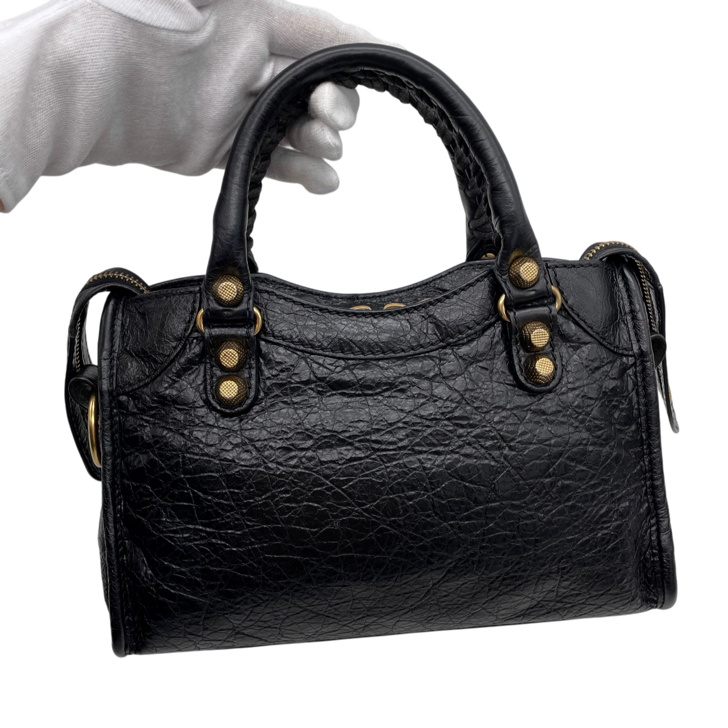 RARE★★★BALENCIAGA Le City Leather Convertible Top Handle Bag Mini Black/Gold