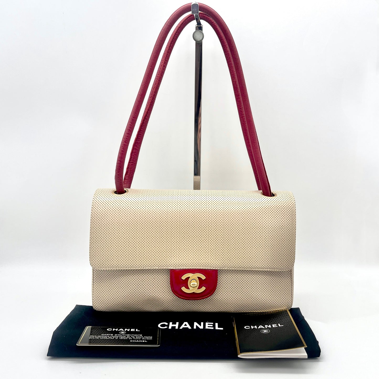 CHANEL Punched Leather Flap Shoulder Bag Red Beige