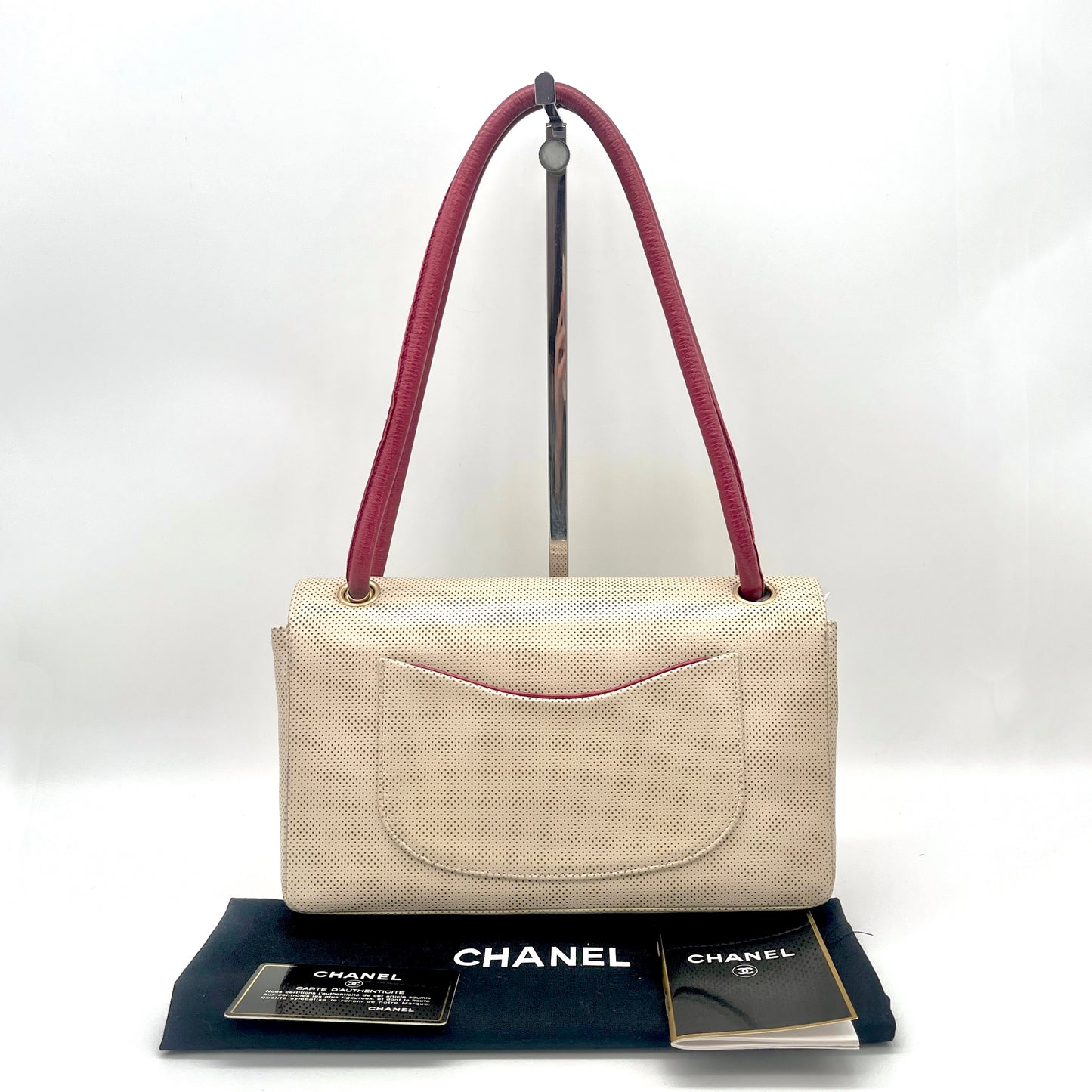 CHANEL Punched Leather Flap Shoulder Bag Red Beige